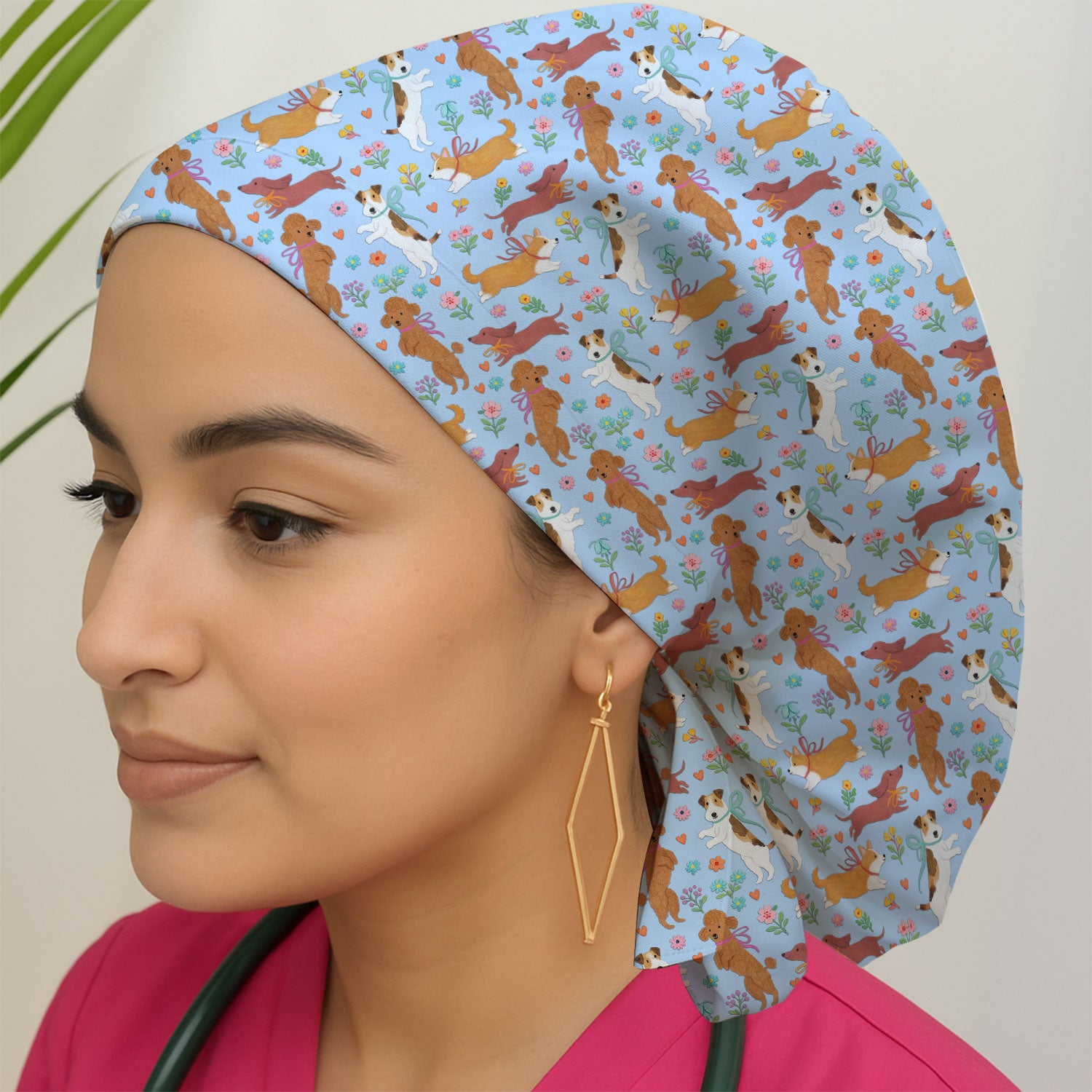 Cute Cartoon Dog Print Scrub Cap, Bouffant Scrub Caps for Women