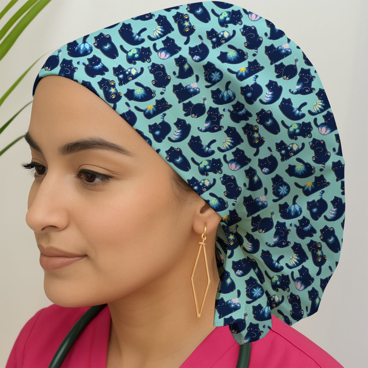 Midnight Cat Scrub Cap, Black Cat Pattern Nurse Hat, Breathable Fabrics Nursing Uniform