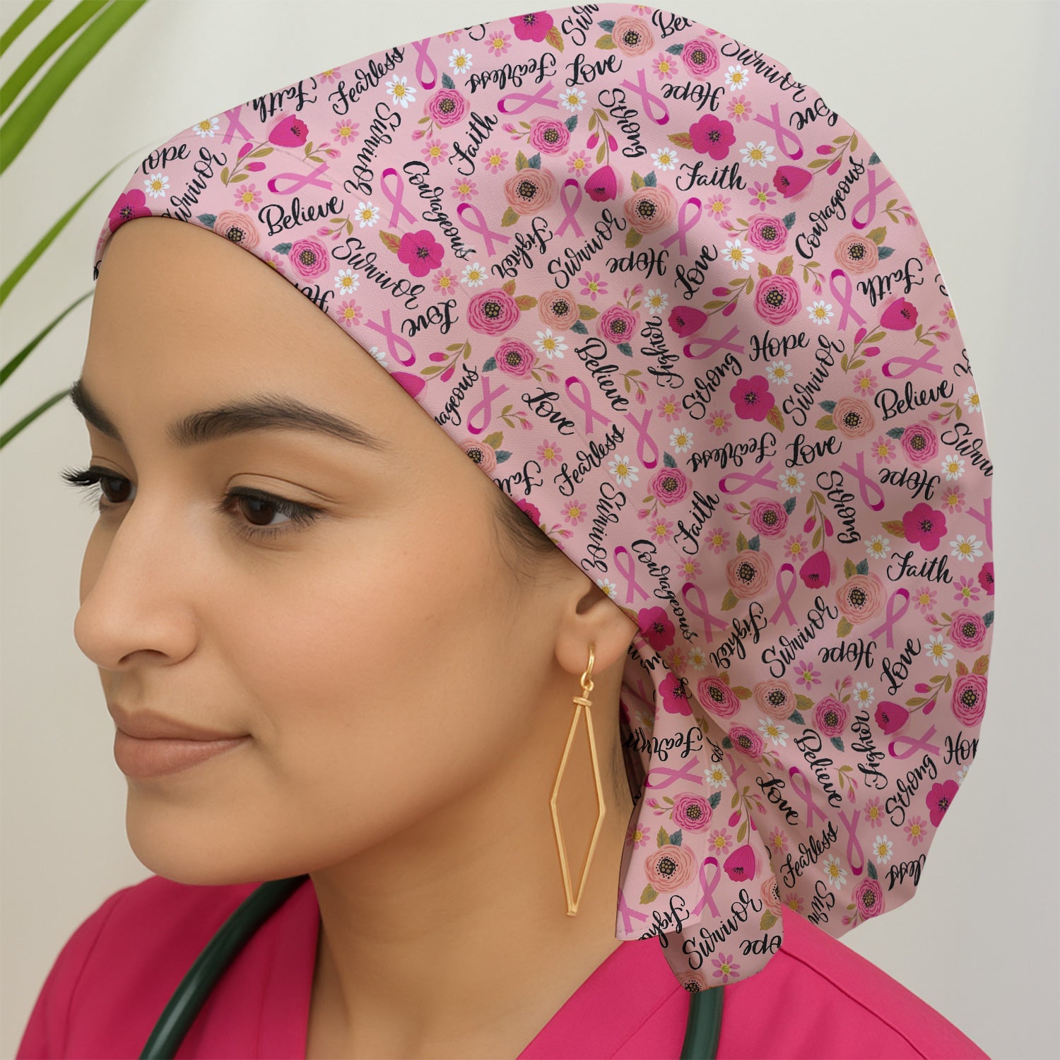 Breast Cancer Awareness Oncology with Pink Ribbon Floral Pattern Scrub Cap, Surgical Caps for Doctors