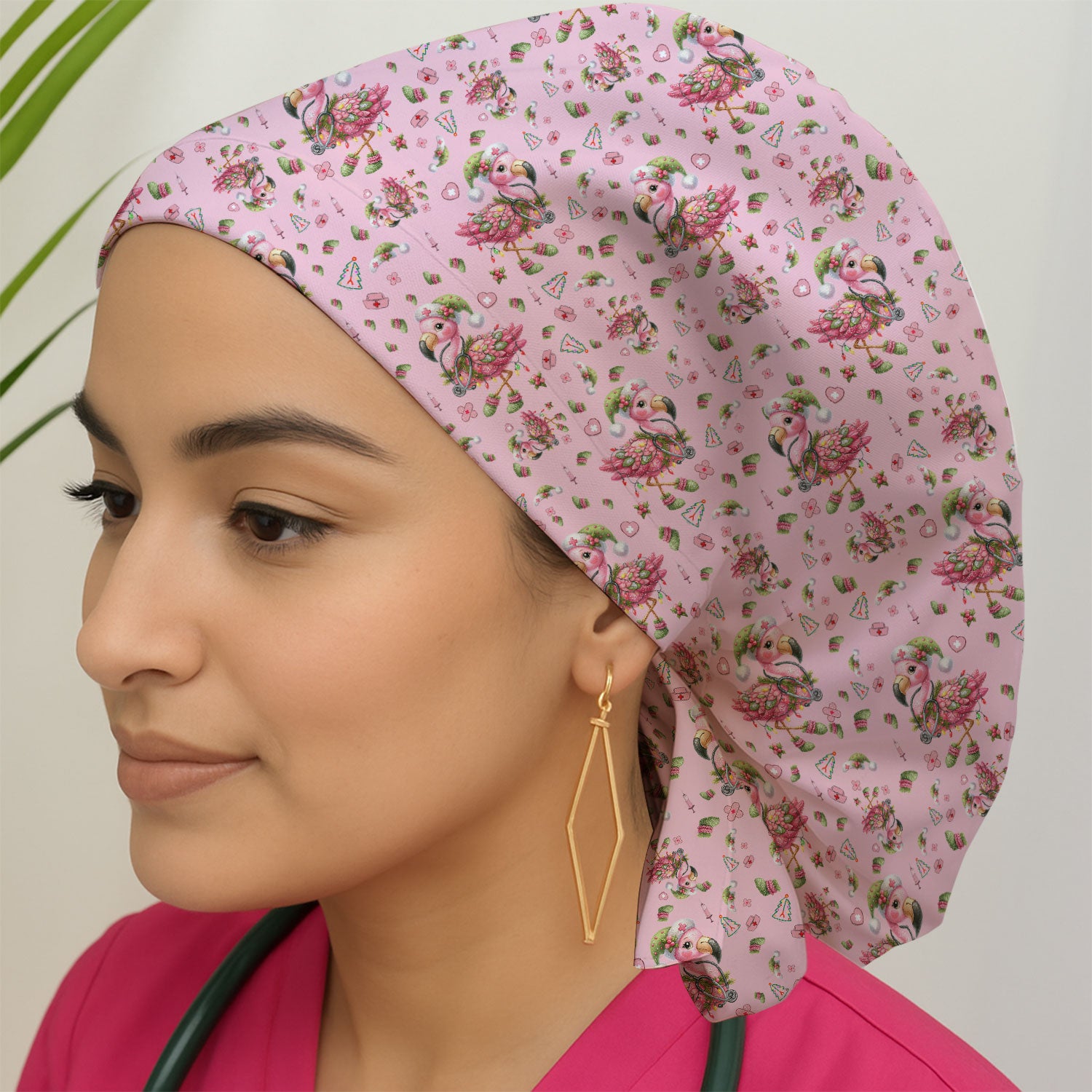 Flamingo Bouffant Scrub Caps for Women - Christmas Holiday Nursing Gift - Breathable Fabrics Caps Uniform
