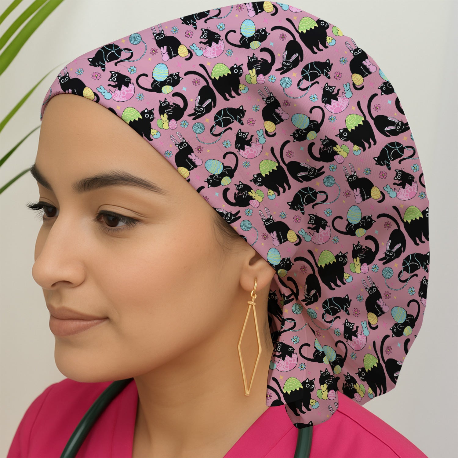 Funny Easter Black Cat Egg Pattern Print Cap, Bouffant Scrub Caps for Women