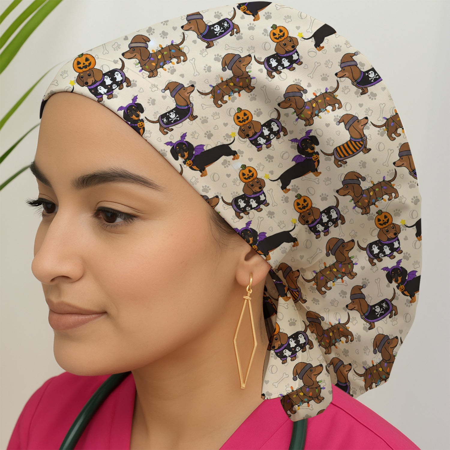 Halloween Dachshund with Pumpkin Ghost Print Scrub Cap, Surgical Caps for Doctors