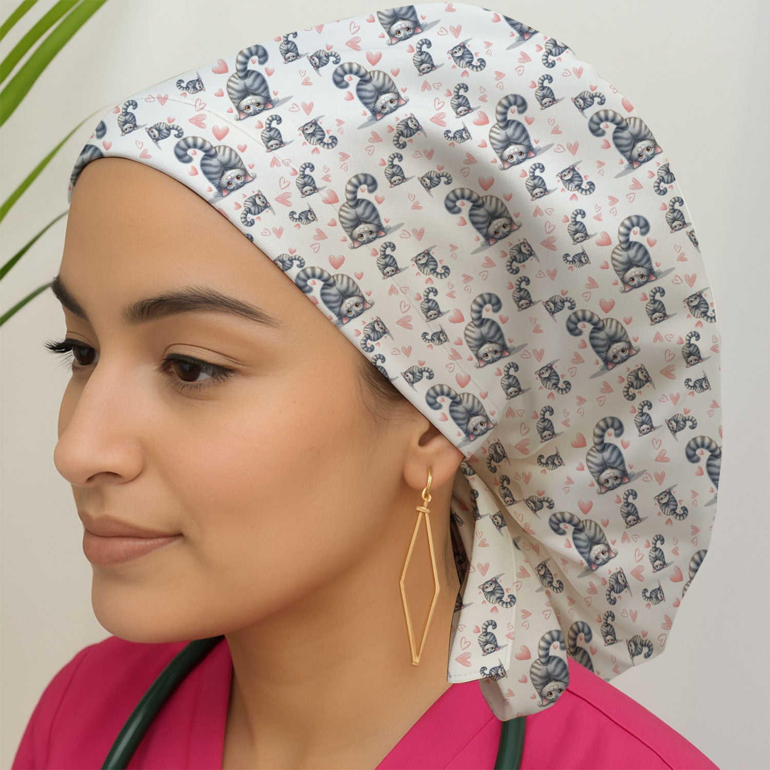 Valentine Cute Cat Scrub Cap, Cat Heart Pattern Nurse Uniform, Comfortable Scrubs For Nurses