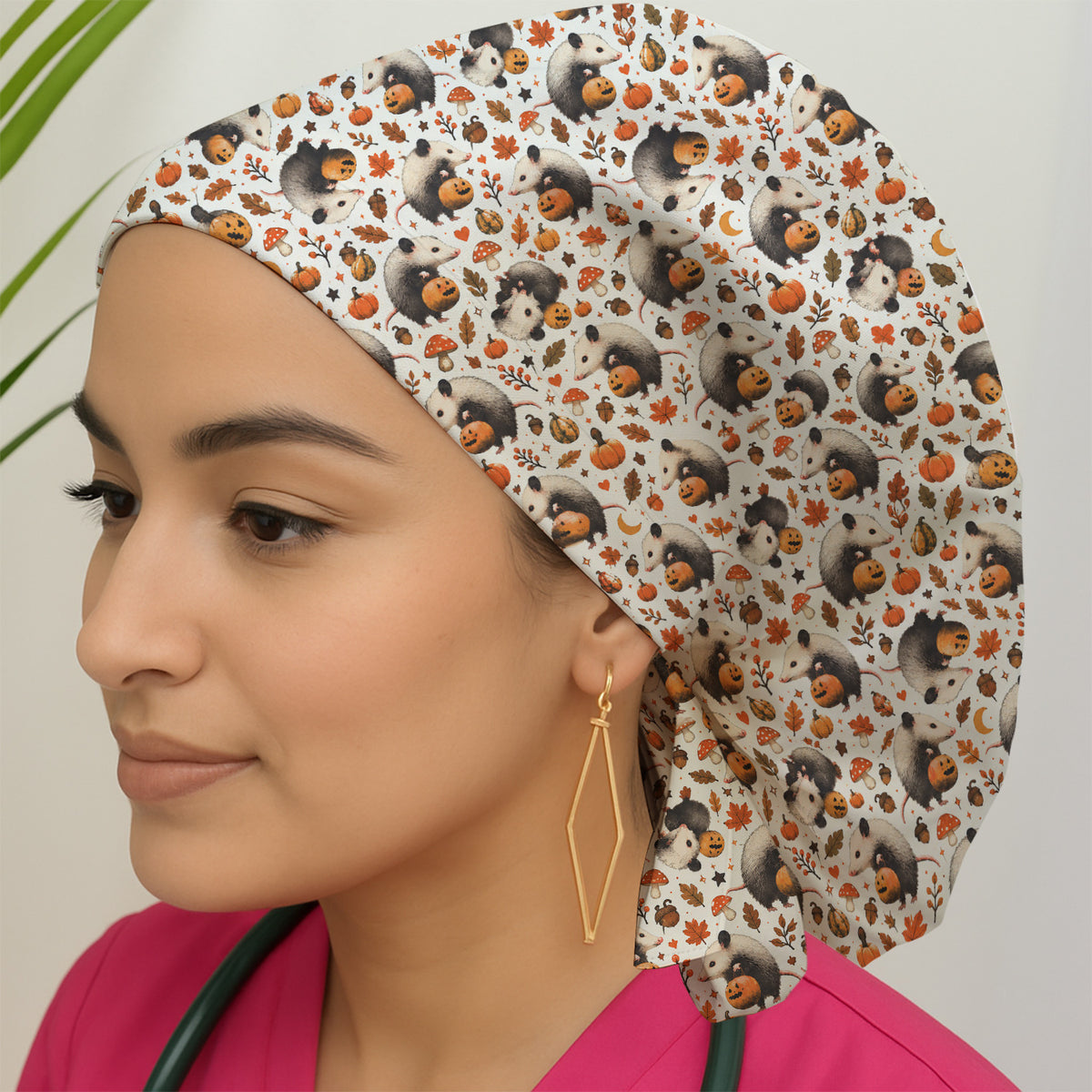 Halloween Opossum Pumpkin Patch Pattern Scrub Cap, Surgical Caps for Nurses