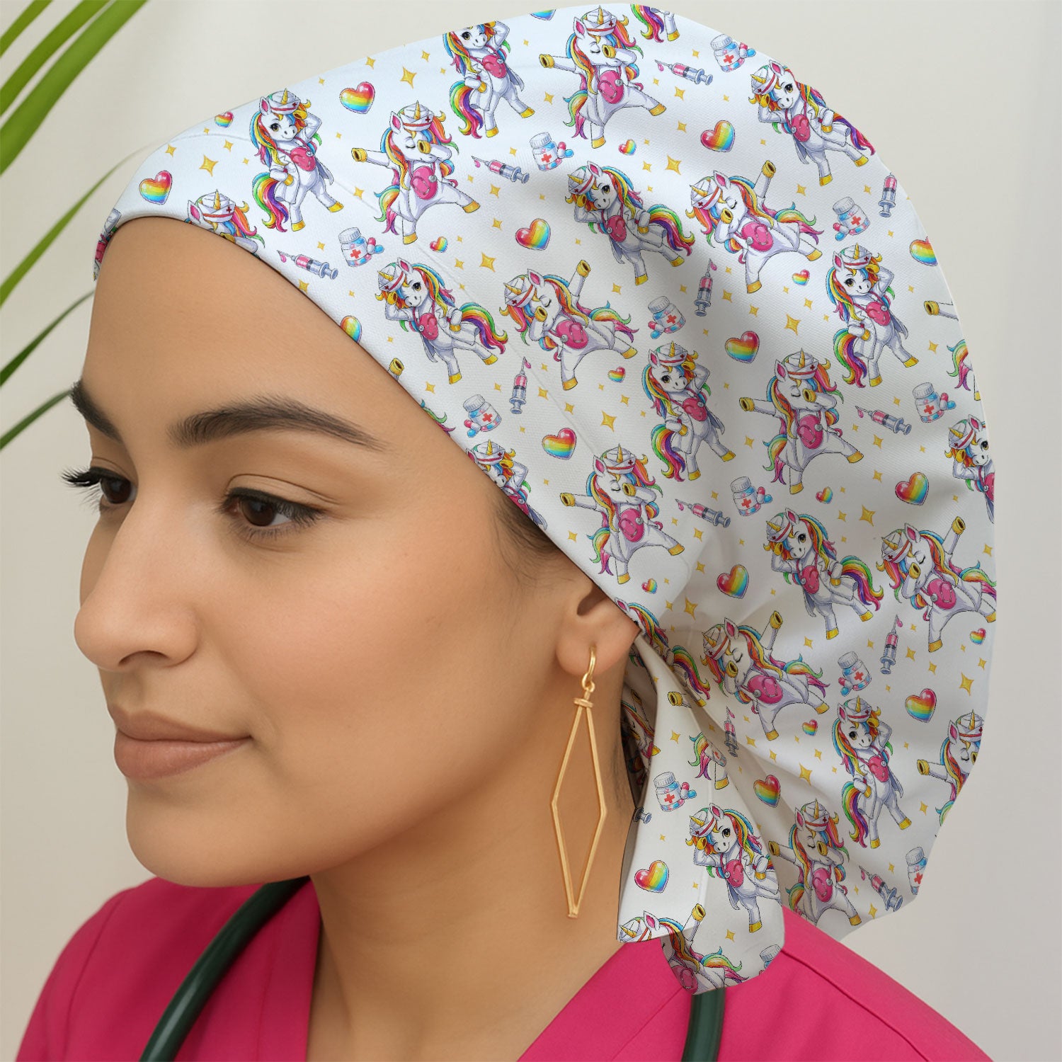 Playful Nurse Unicorn Rainbow Pattern Cap, Bouffant Scrub Caps for Women