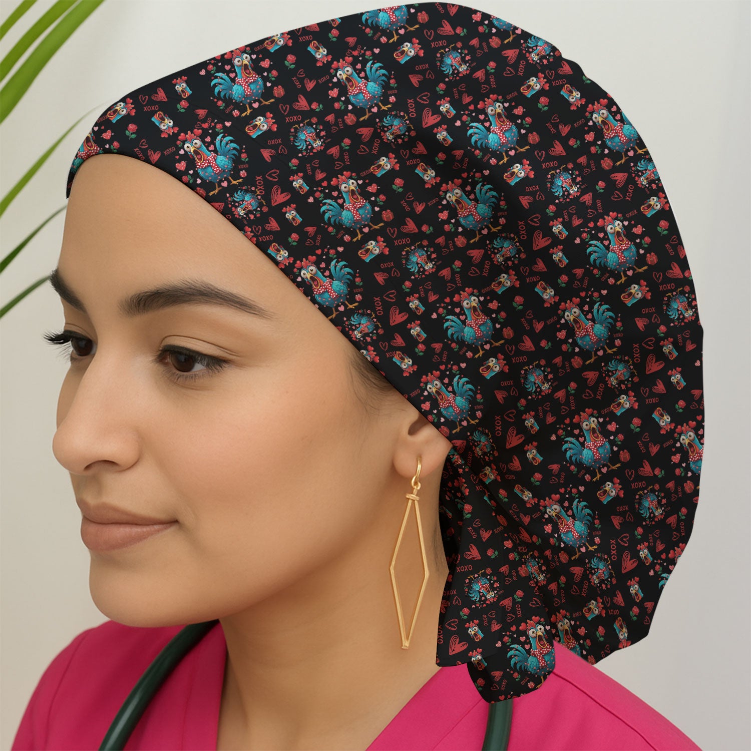 Funny Rooster Valentine Scrub Cap, Cute Chicken XOXO Heart Pattern Nurse Hat, Breathable Fabrics Nursing Uniform