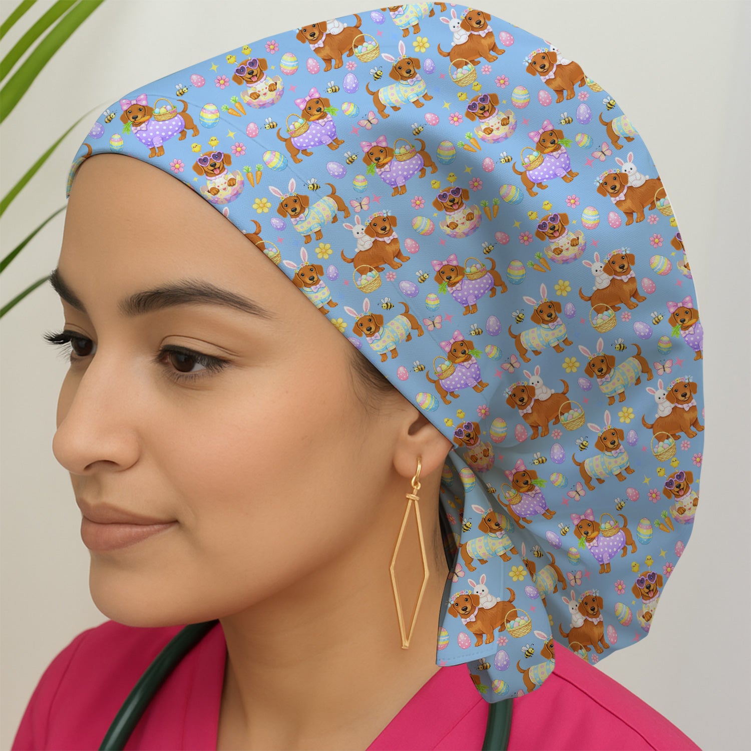 Cute Easter Dachshund Dog Pattern  Print Cap, Bouffant Scrub Caps for Women