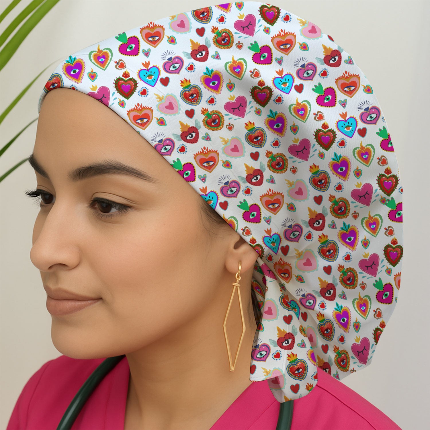 Valentine Colorful Sacred Heart Print Cap, Bouffant Scrub Caps for Women