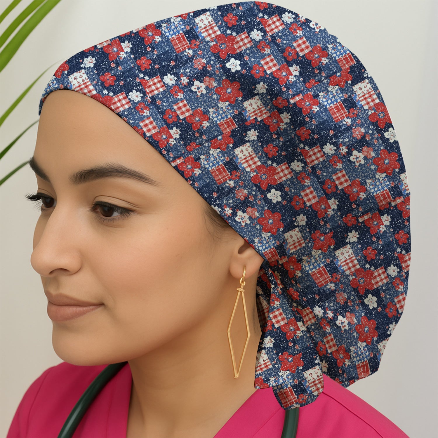 Patriotic Gingham Floral Patchwork Pattern Scrub Cap, Surgical Caps for Doctors