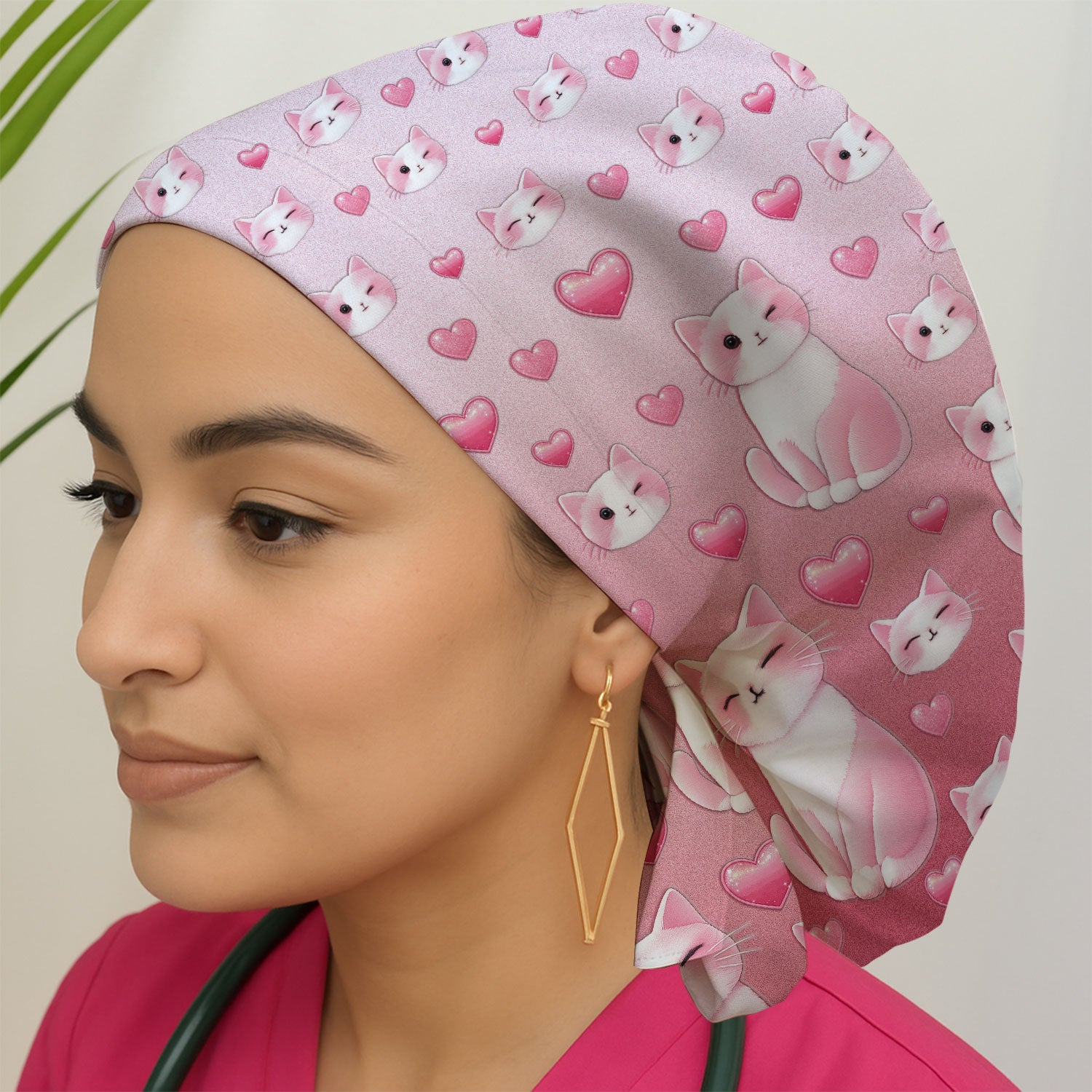 Valentine Cat Scrub Cap, Cute Heart Pattern Nurse Hat, Comfortable Scrubs For Nursing