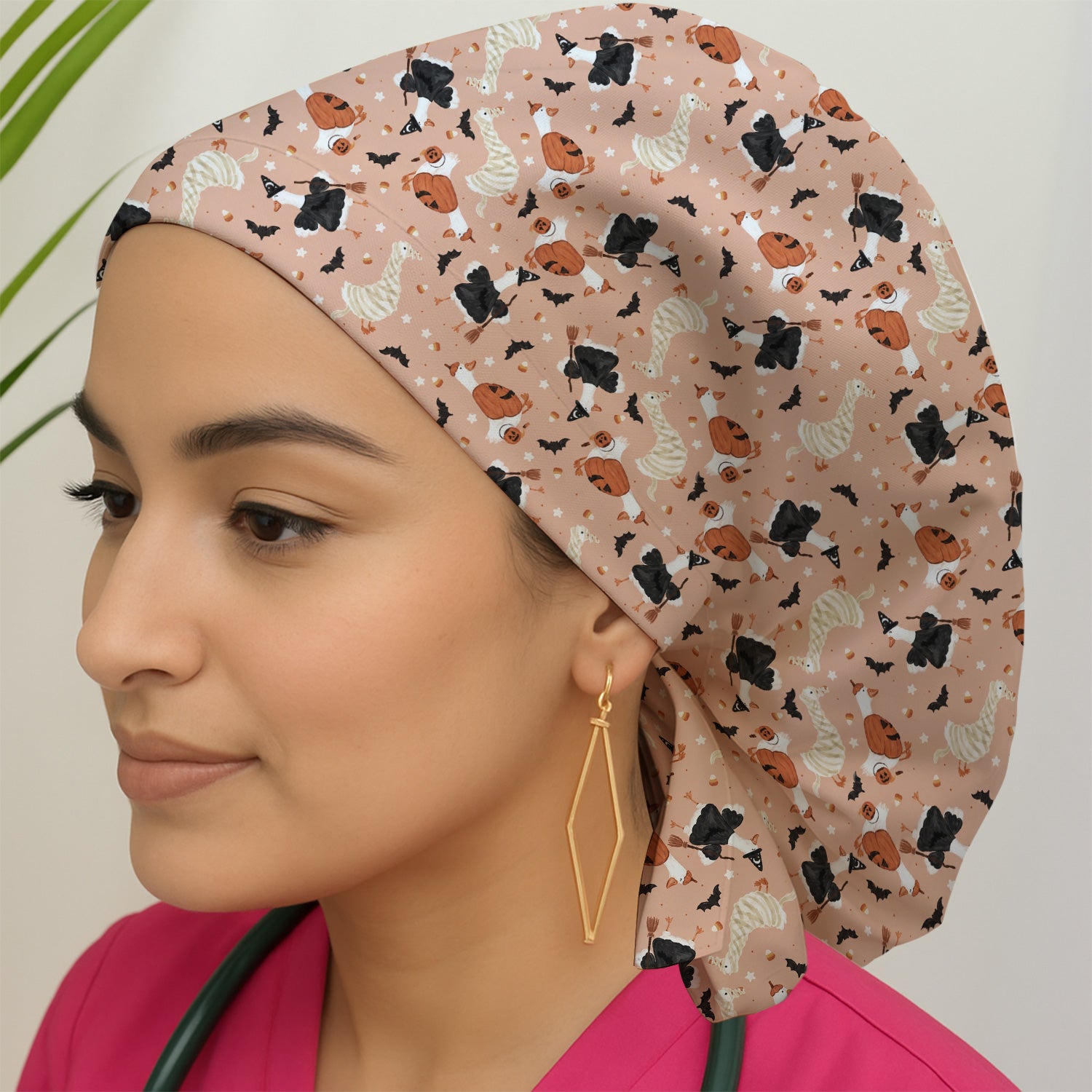 Halloween Goose with Pumpkin Bat Pattern Scrub Cap, Surgical Caps for Doctors