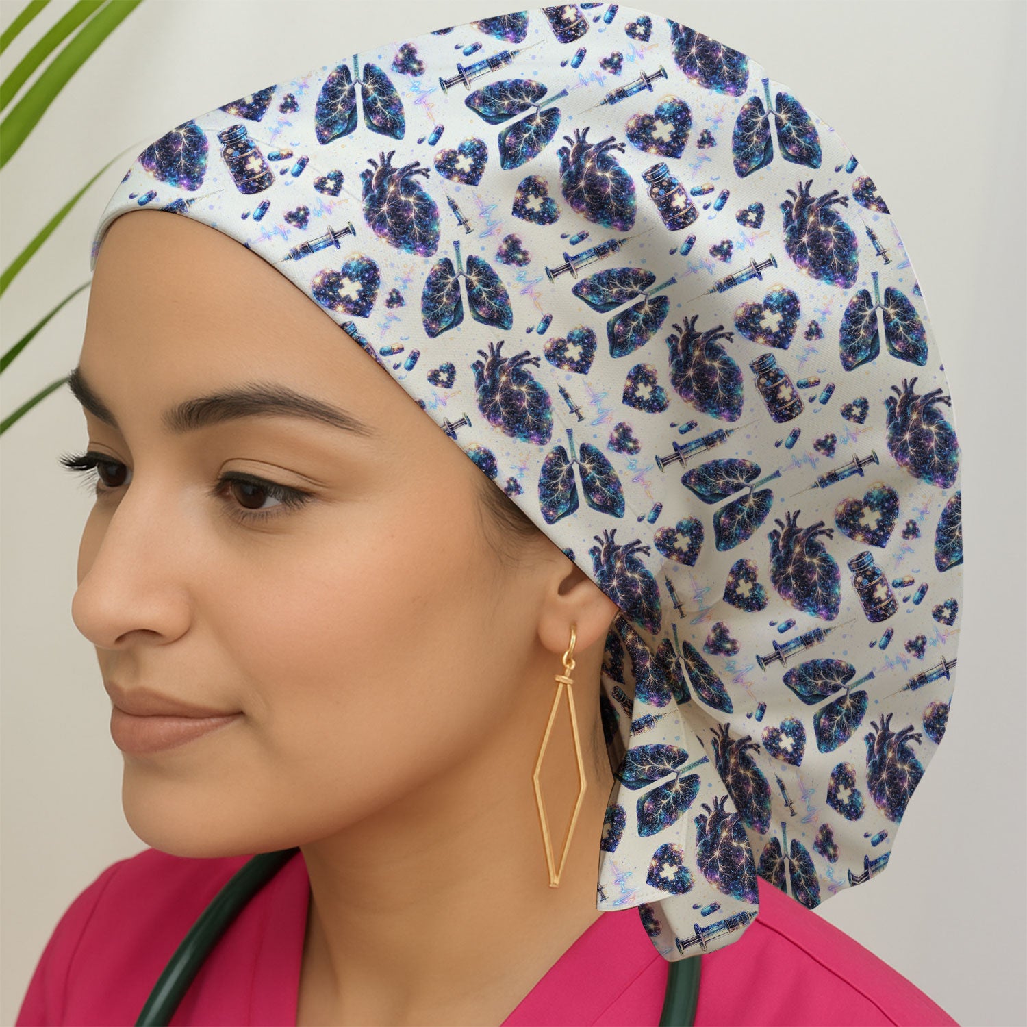 Galaxy Anatomical Heart Lung Syringe Print Cap, Bouffant Scrub Caps for Women