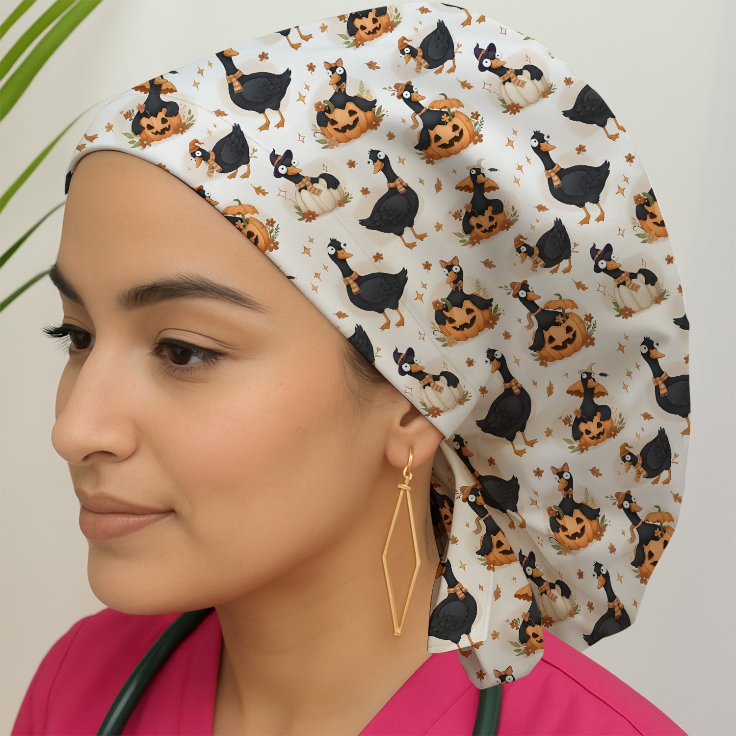 Pumpkin Black Goose Print Scrub Cap, Surgical Caps for Doctors