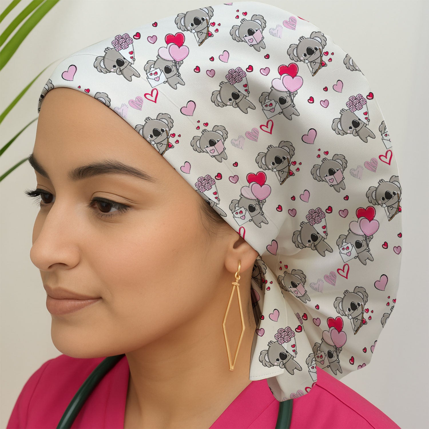 Valentine Koala Holding Flowers Cute Print Scrub Cap, Bouffant Caps for Women