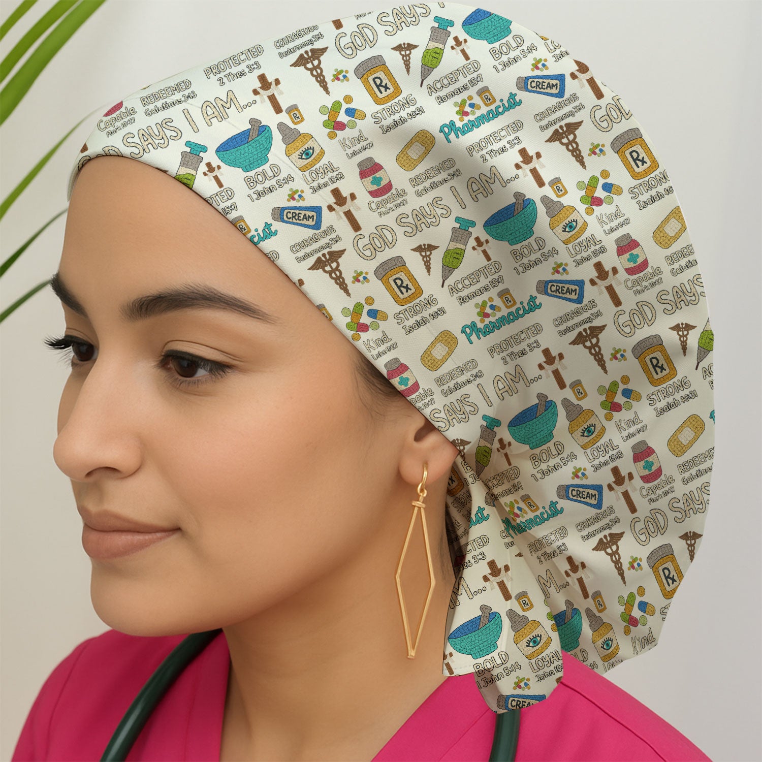 God Says I Am Pharmacist Bouffant Scrub Caps for Women - Christian Holiday Nursing Gift - Breathable Fabrics Caps Uniform