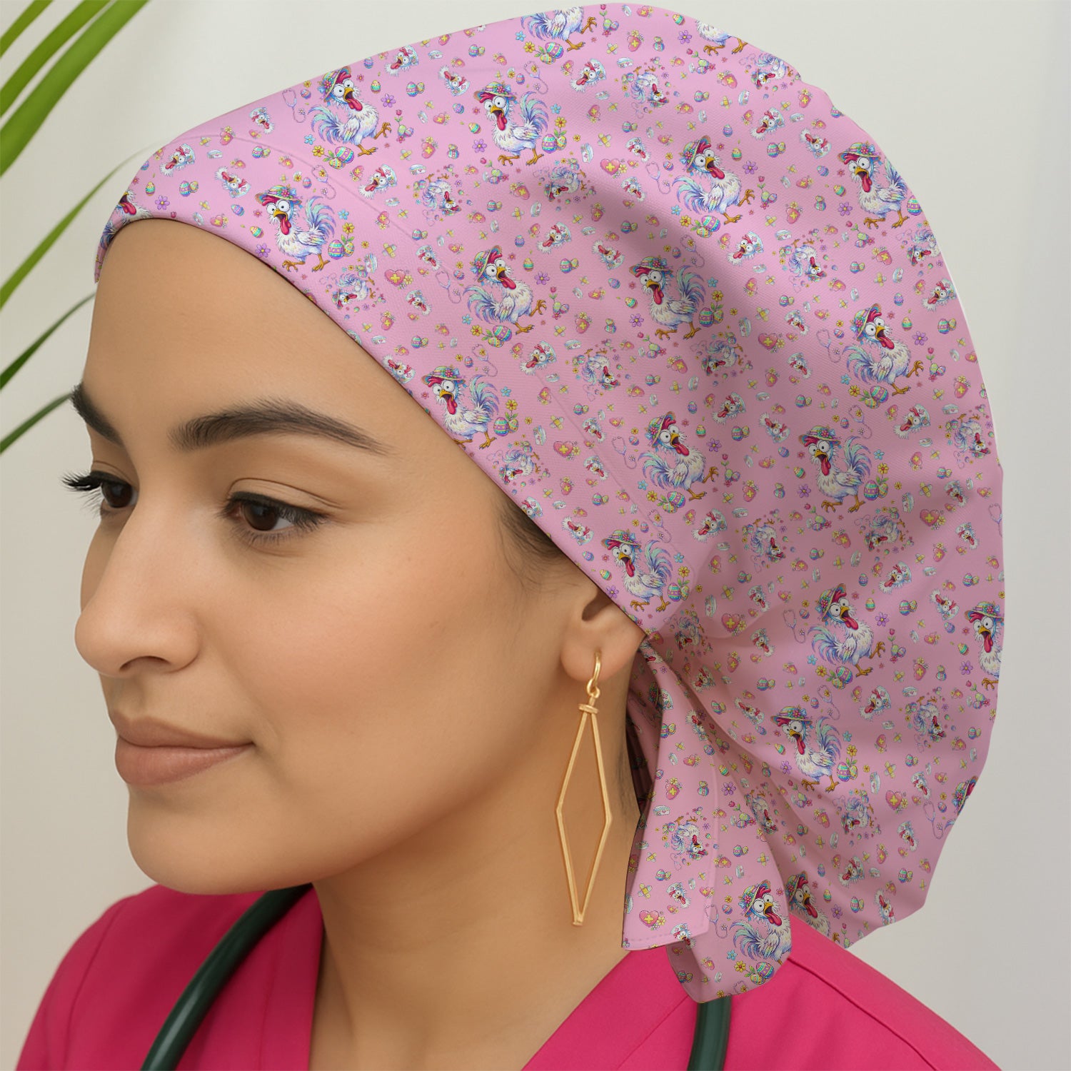 Funny Easter Nurse Chicken Pattern Print Cap, Bouffant Scrub Caps for Women