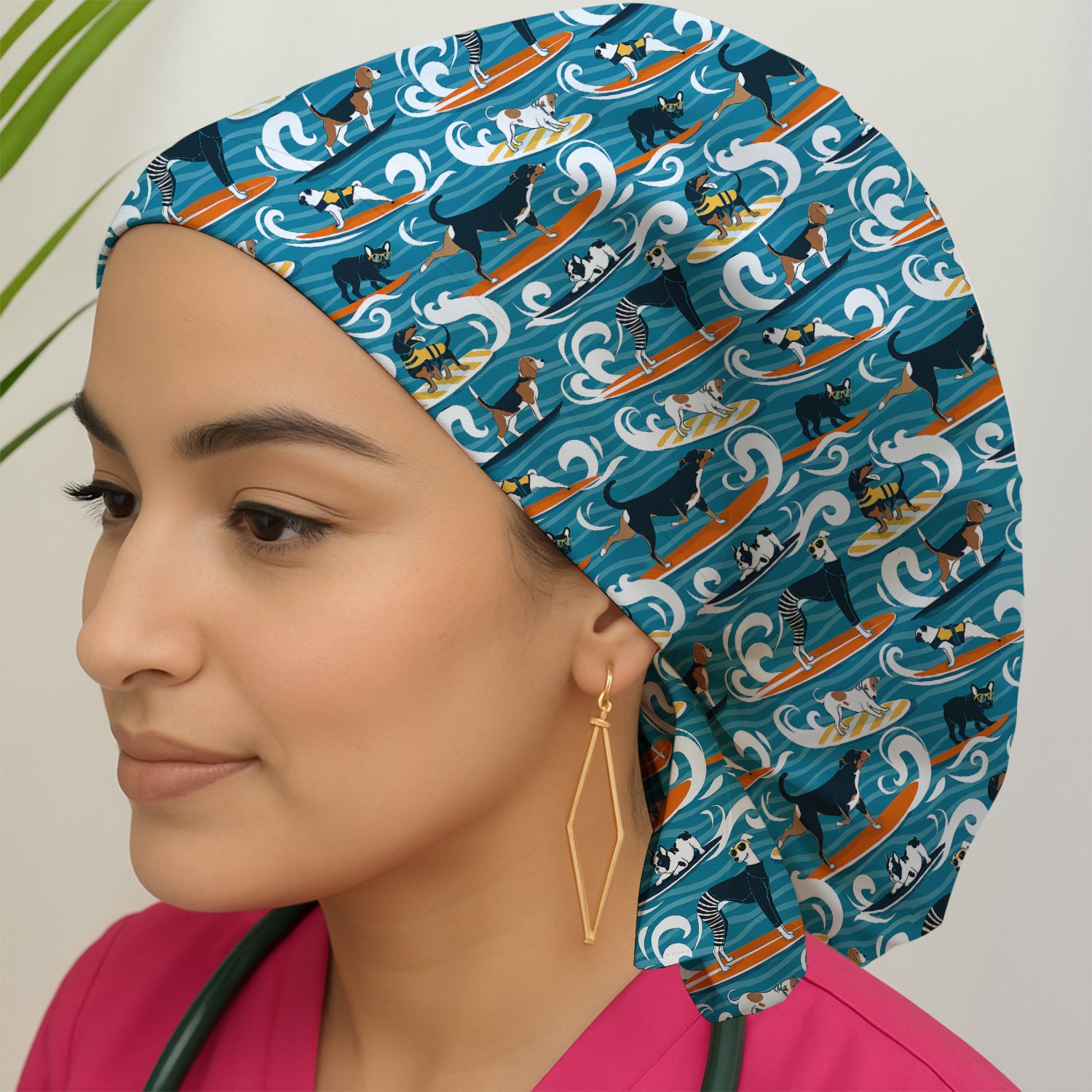 Surfing Dogs Ocean Wave Print Scrub Cap, Surgical Caps for Doctors