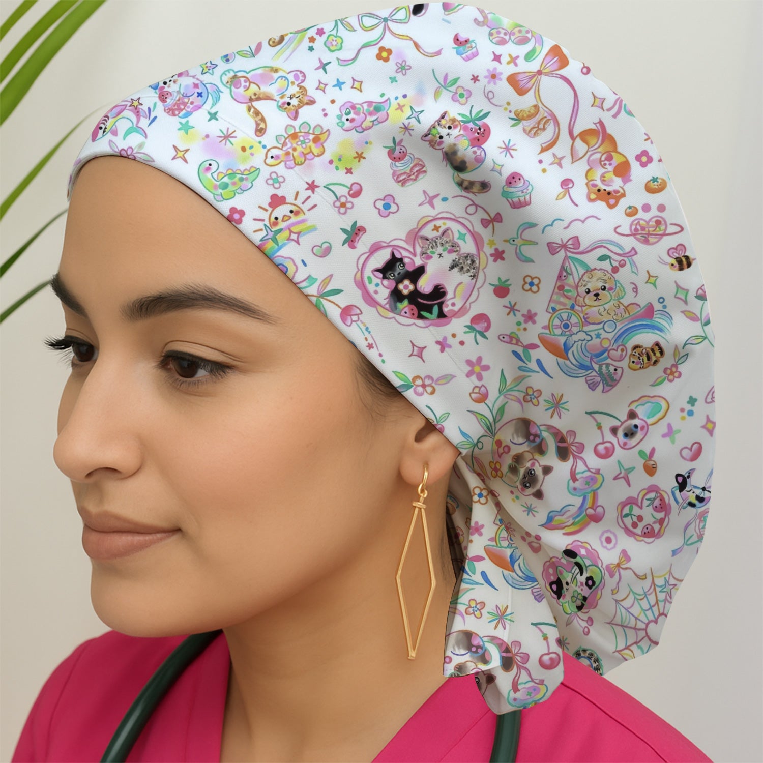 Cute Kawaii Animal Rainbow Heart Pattern Nurse Scrub Cap, Surgical Caps for Doctors