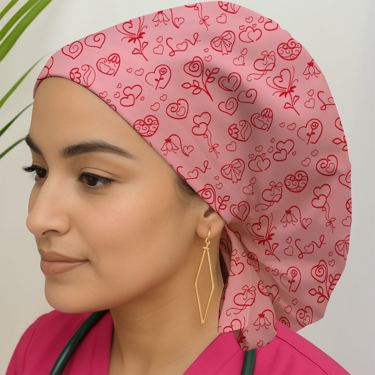 Cute Valentine Heart Scrub Cap, Artistic Heart Pink Love Line Art Pattern Nurse Hat, Comfortable Scrubs For Nursing