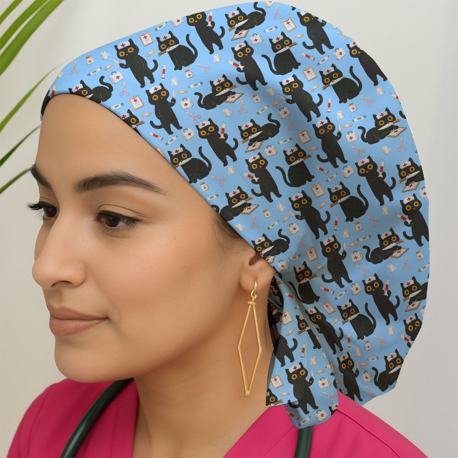 Cute Black Cat Nurse Pattern Cap, Bouffant Scrub Caps for Women