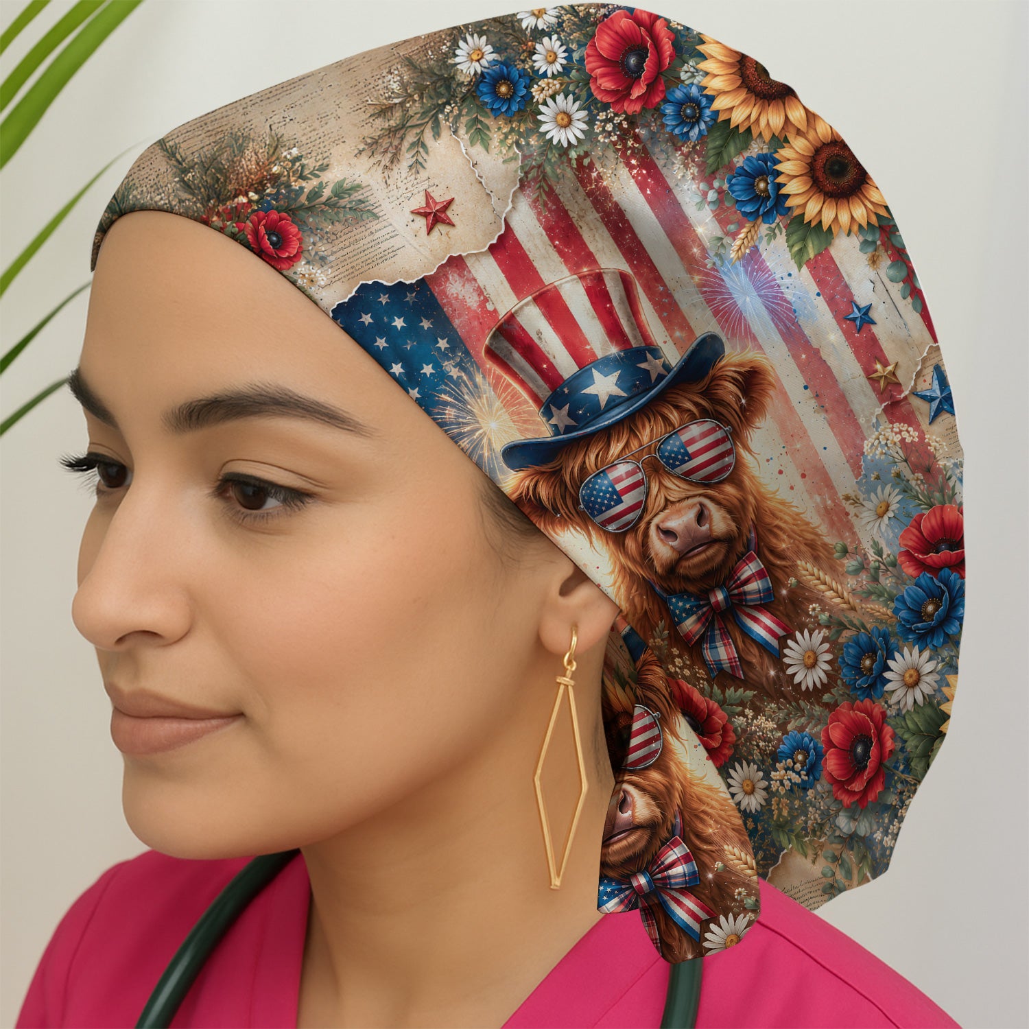 Patriotic Highland Cow Nurse for RN, CNA, Healthcare Workers Scrub Cap, Surgical Caps for Doctors