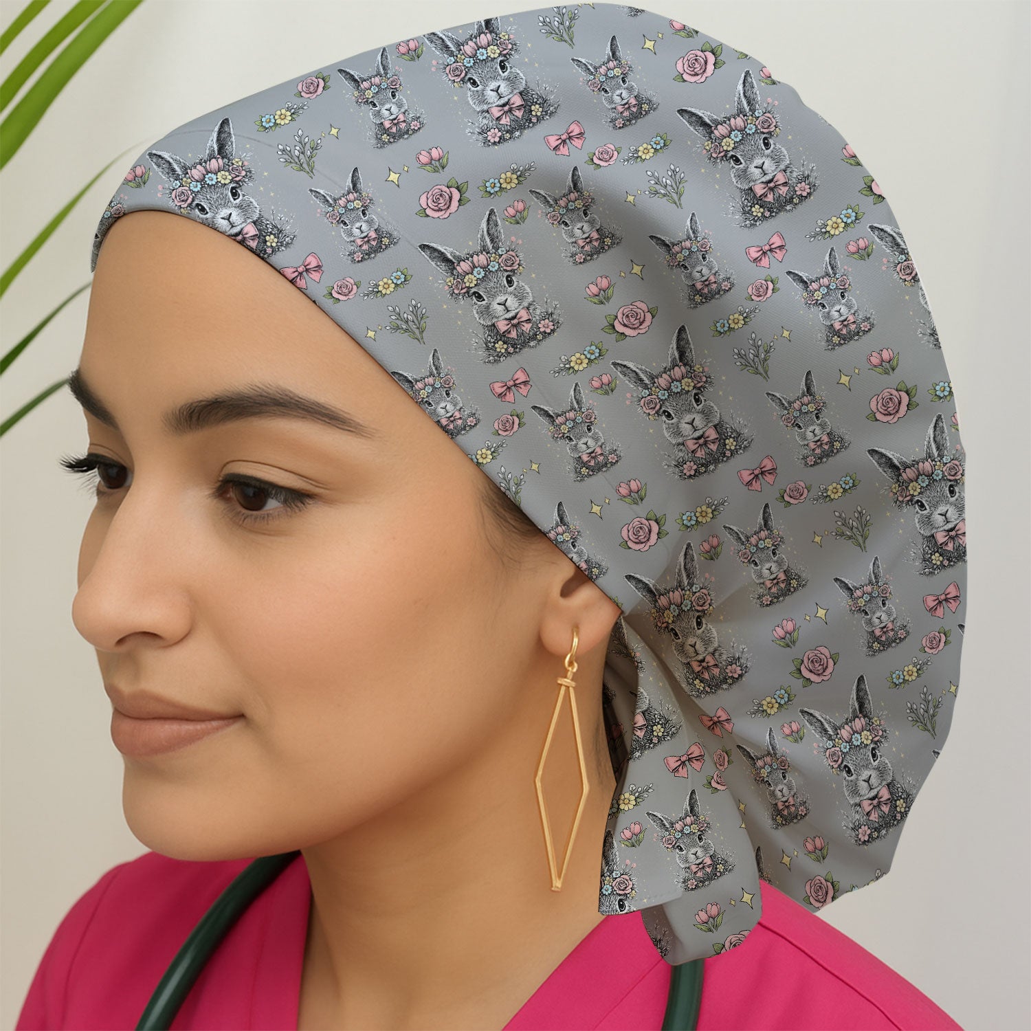 Vintage Floral Bunny Print Cap, Breathable Fabrics Caps Uniform
