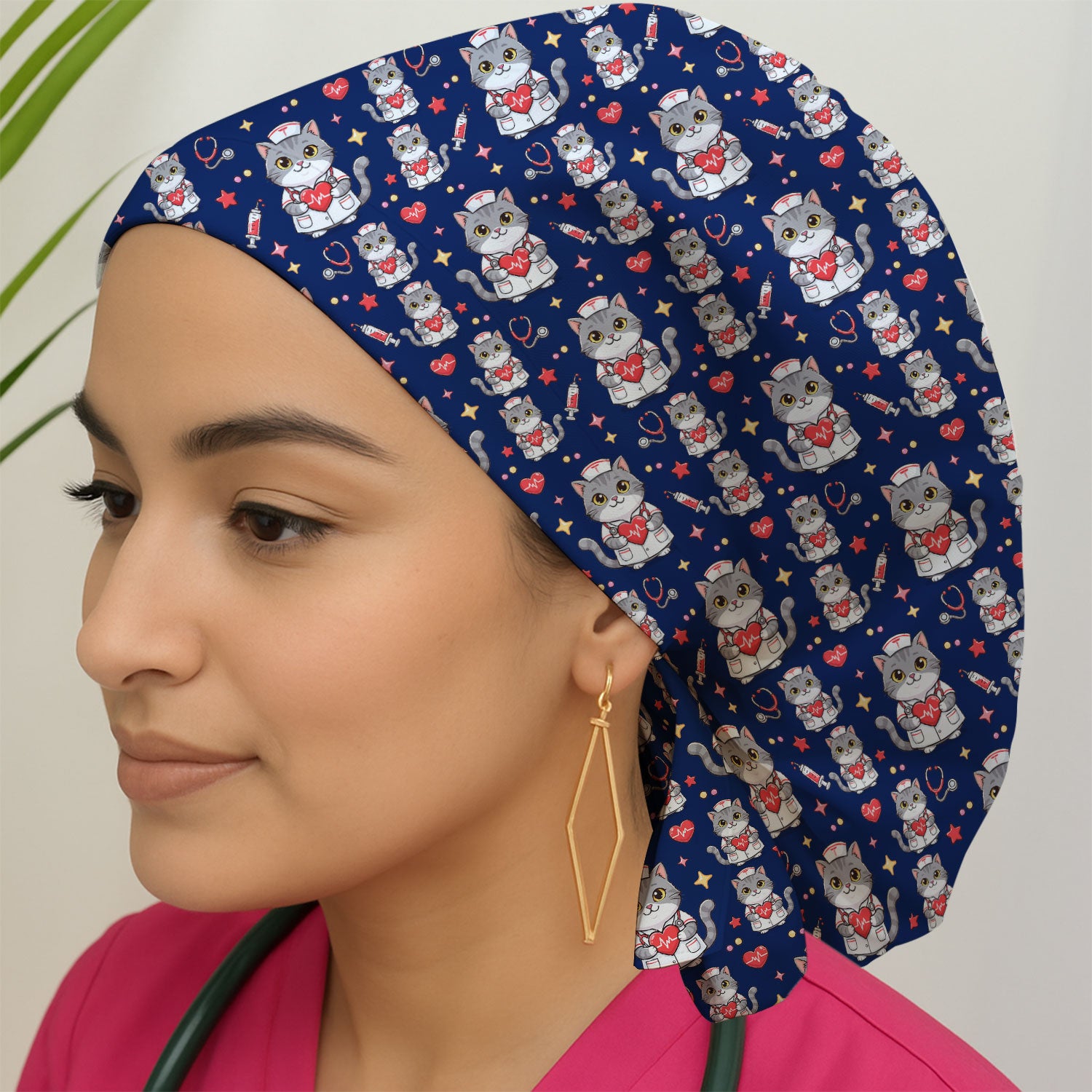 Cute Nurse Cat Heart Medical Print Cap,  Bouffant Scrub Caps for Women