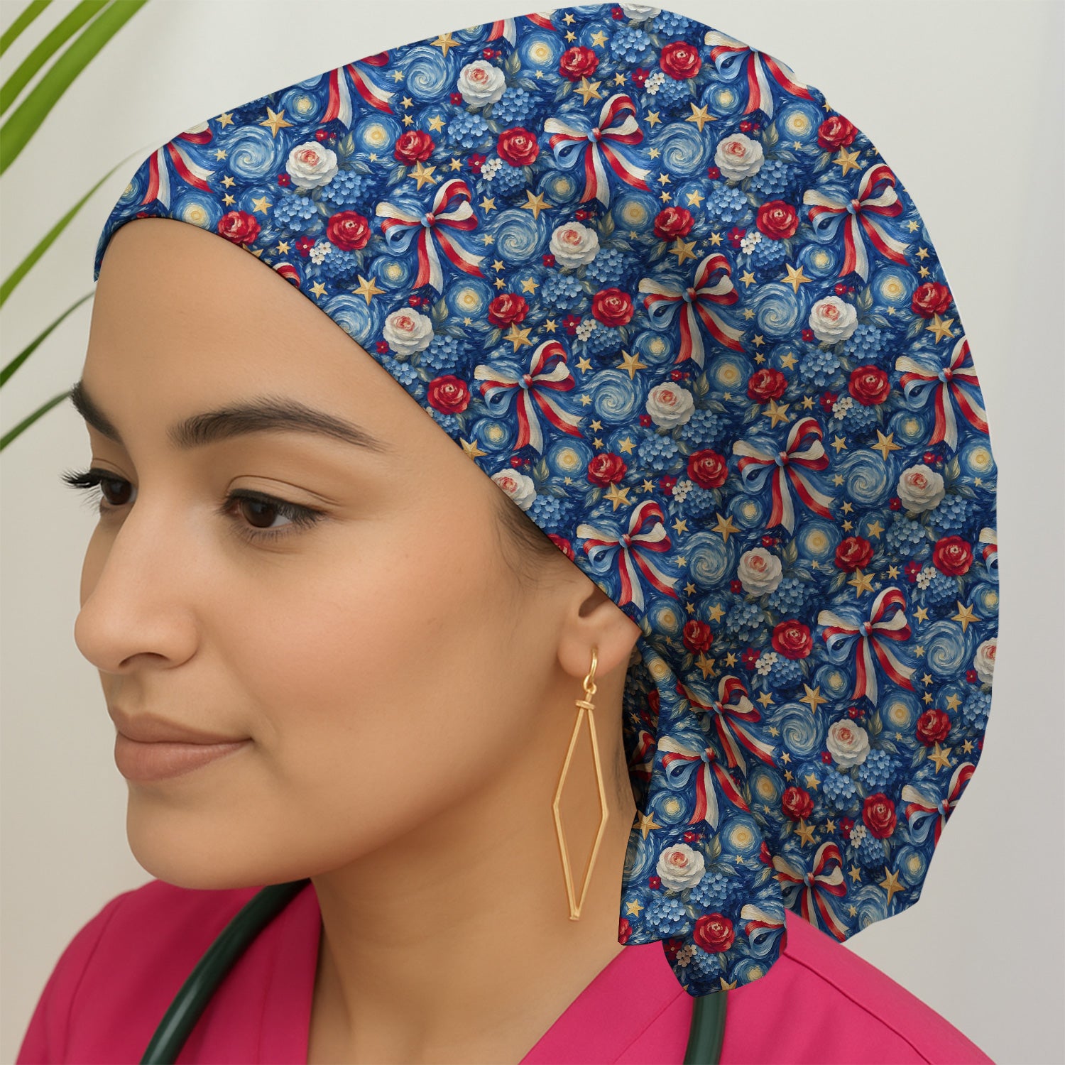 Patriotic Starry Bow Nurse for RN, CNA, Healthcare Workers Scrub Cap, Surgical Caps for Doctors