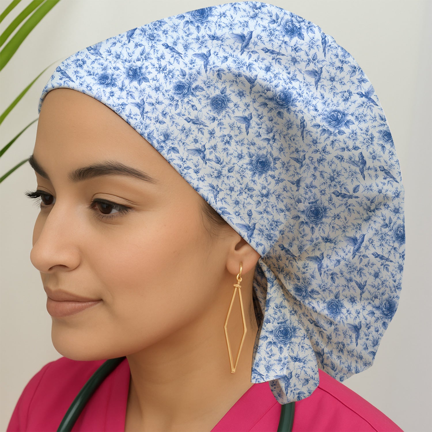 Blue Floral Hummingbird Toile Pattern Scrub Cap, Surgical Caps for Doctors