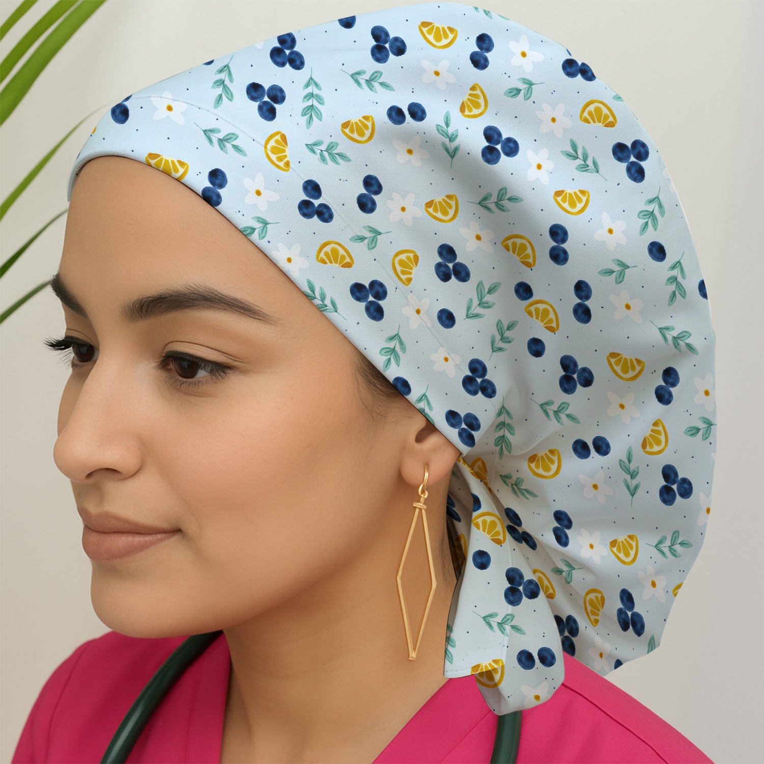 Blueberry Lemon Daisy Pattern Caps, Bouffant Scrub Caps for Women