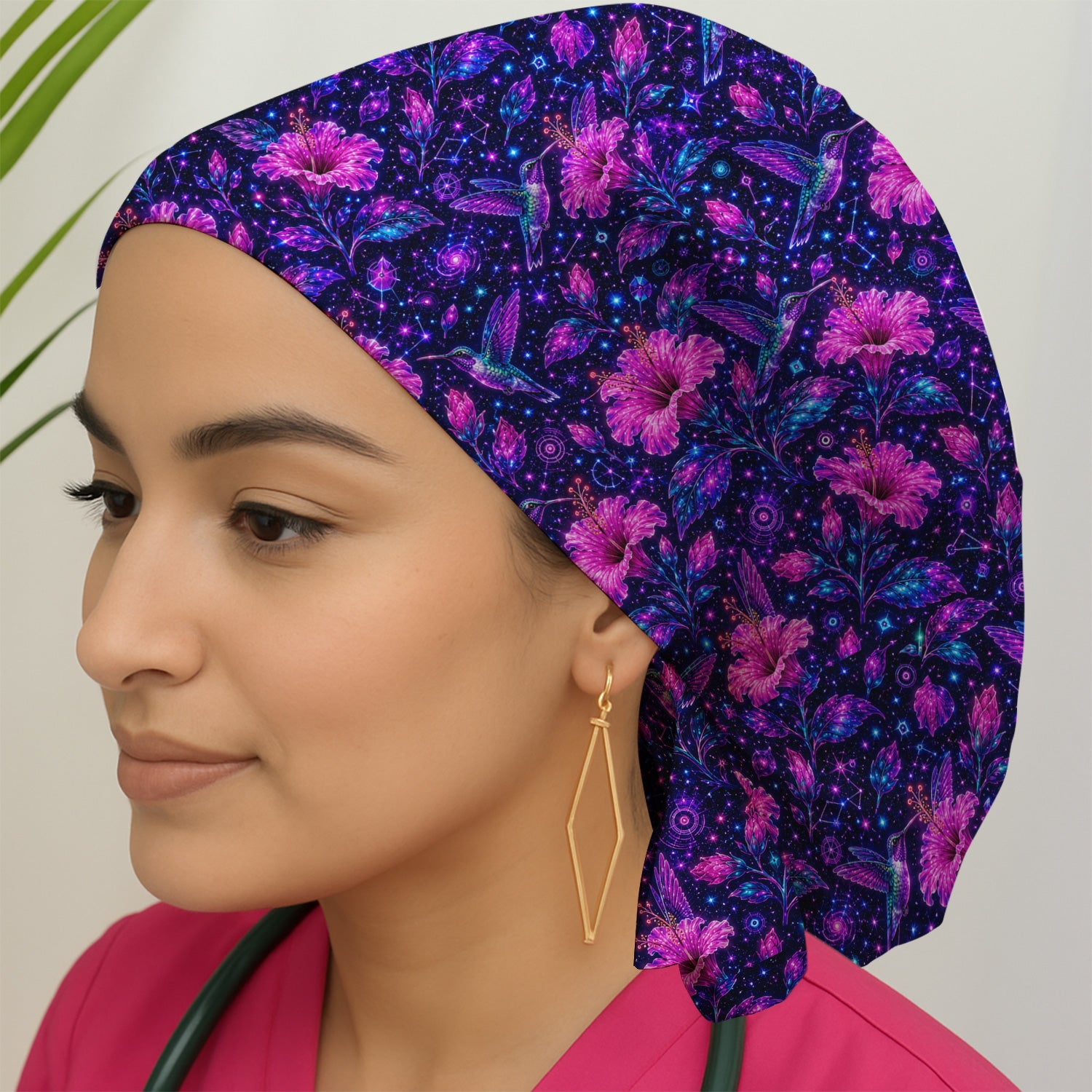 Galaxy Floral Hummingbird Nurse Pattern Scrub Cap, Surgical Caps for Doctors