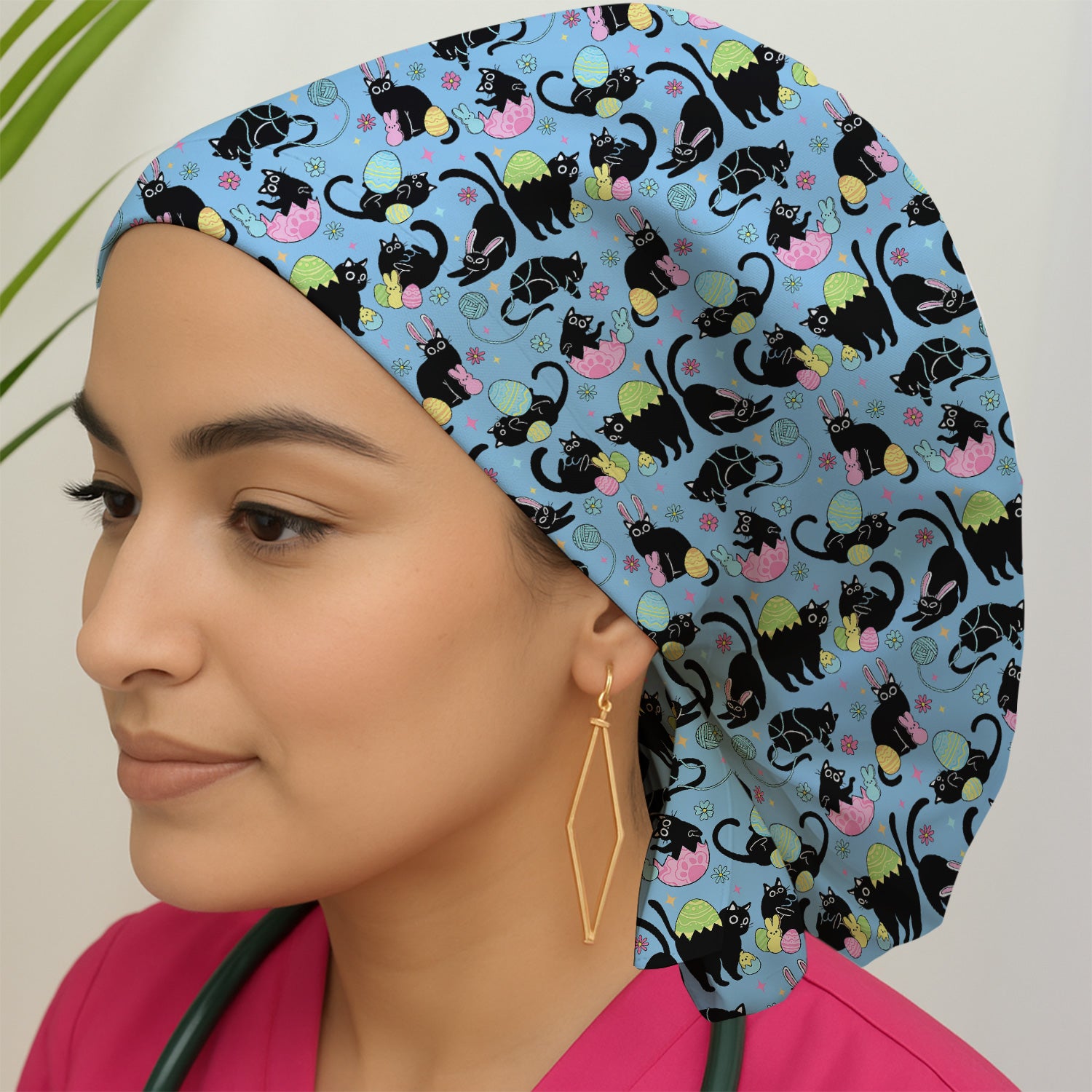 Funny Easter Black Cat Egg Pattern Print Cap, Bouffant Scrub Caps for Women
