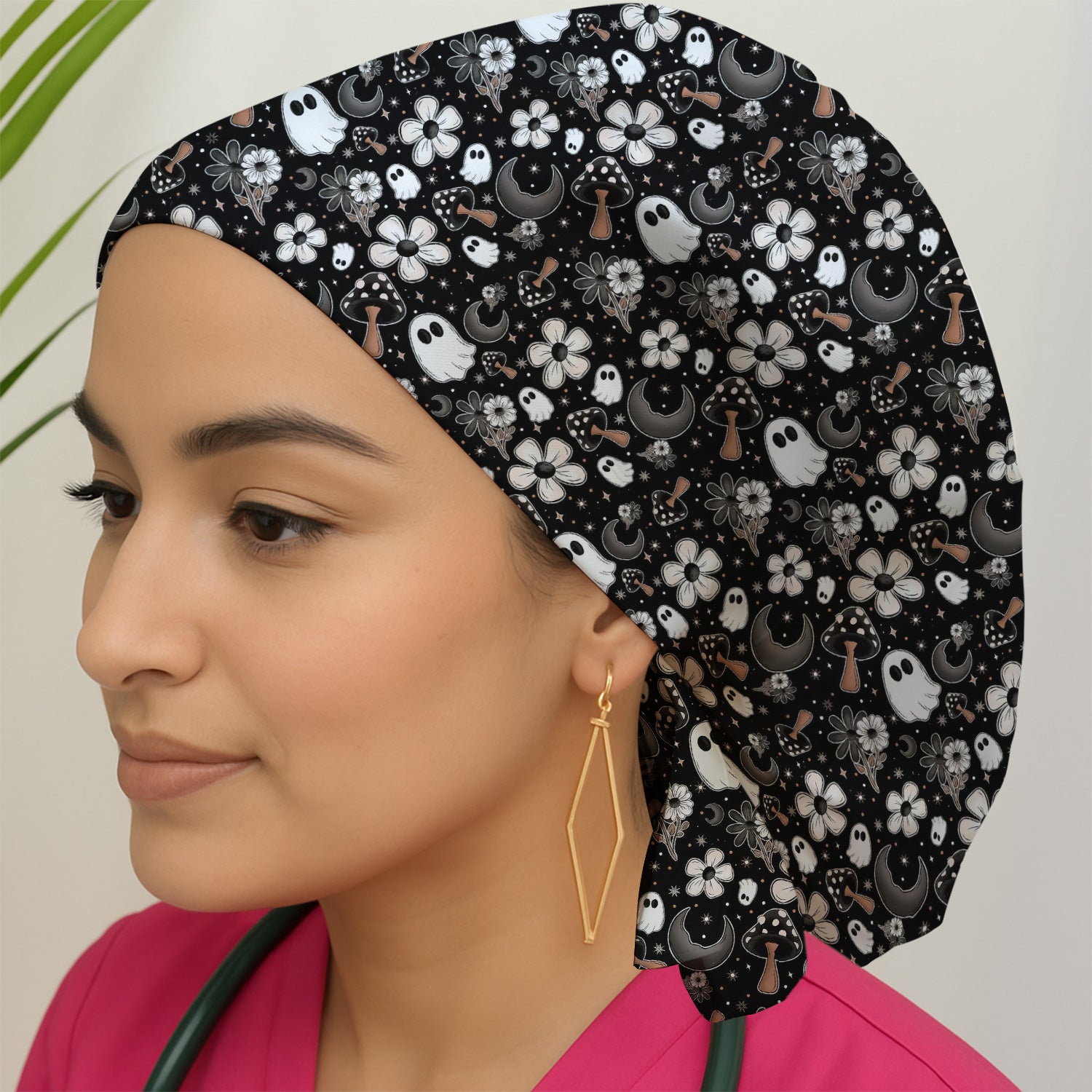 Floral Mushroom Ghost Pattern Scrub Cap, Surgical Caps for Doctors