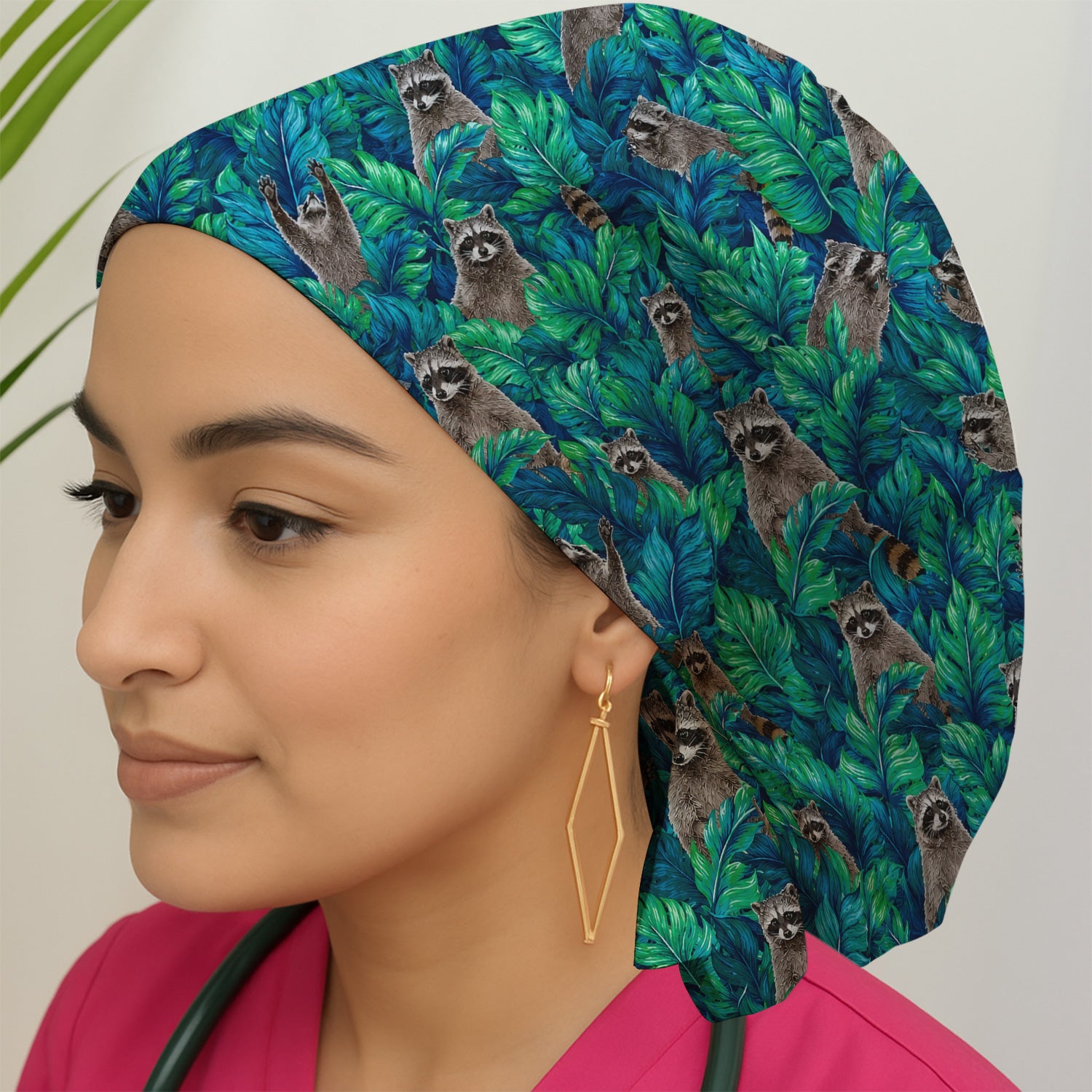Tropical Raccoon Jungle Leaves Pattern Scrub Cap, Surgical Caps for Doctors