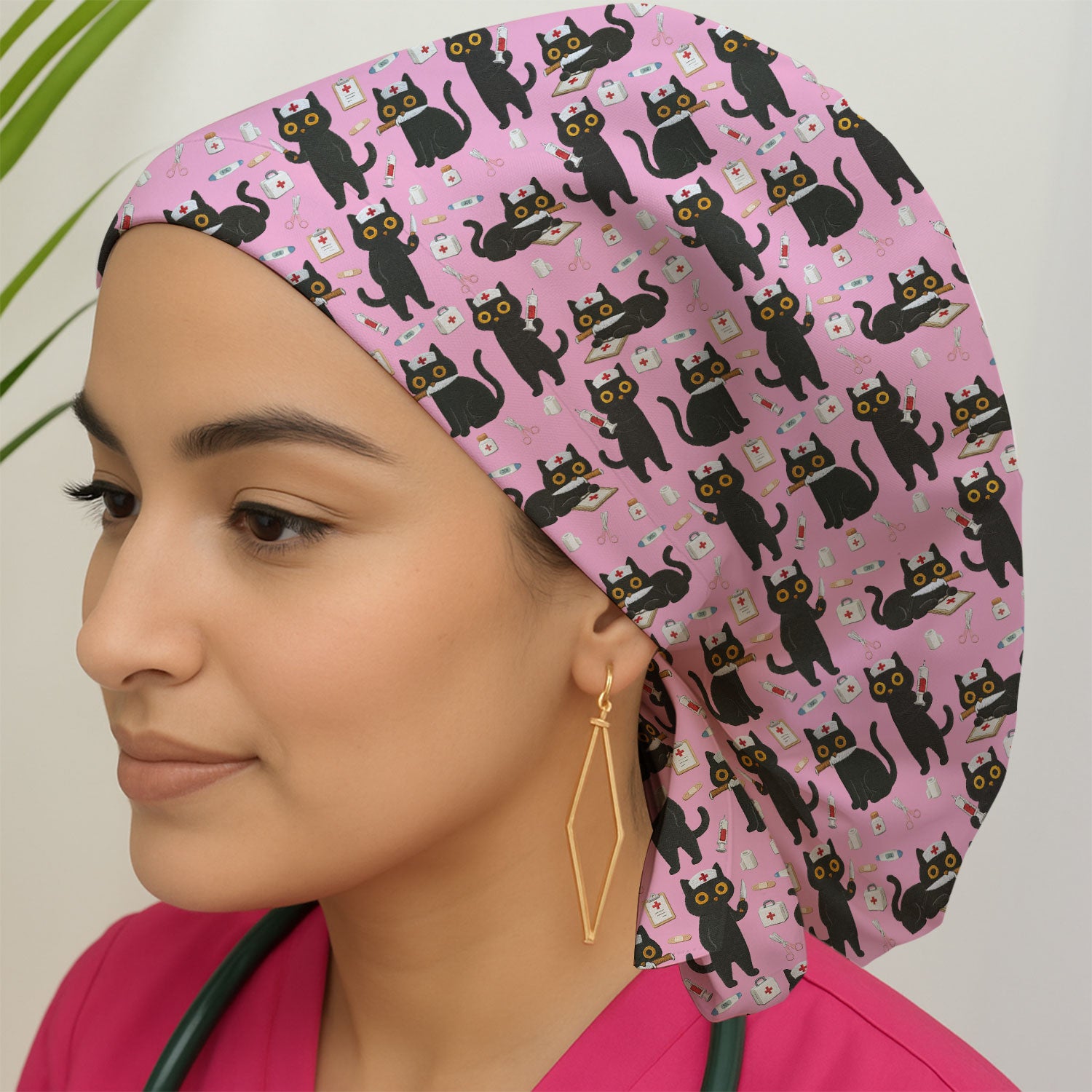 Cute Black Cat Nurse Pattern Cap, Bouffant Scrub Caps for Women