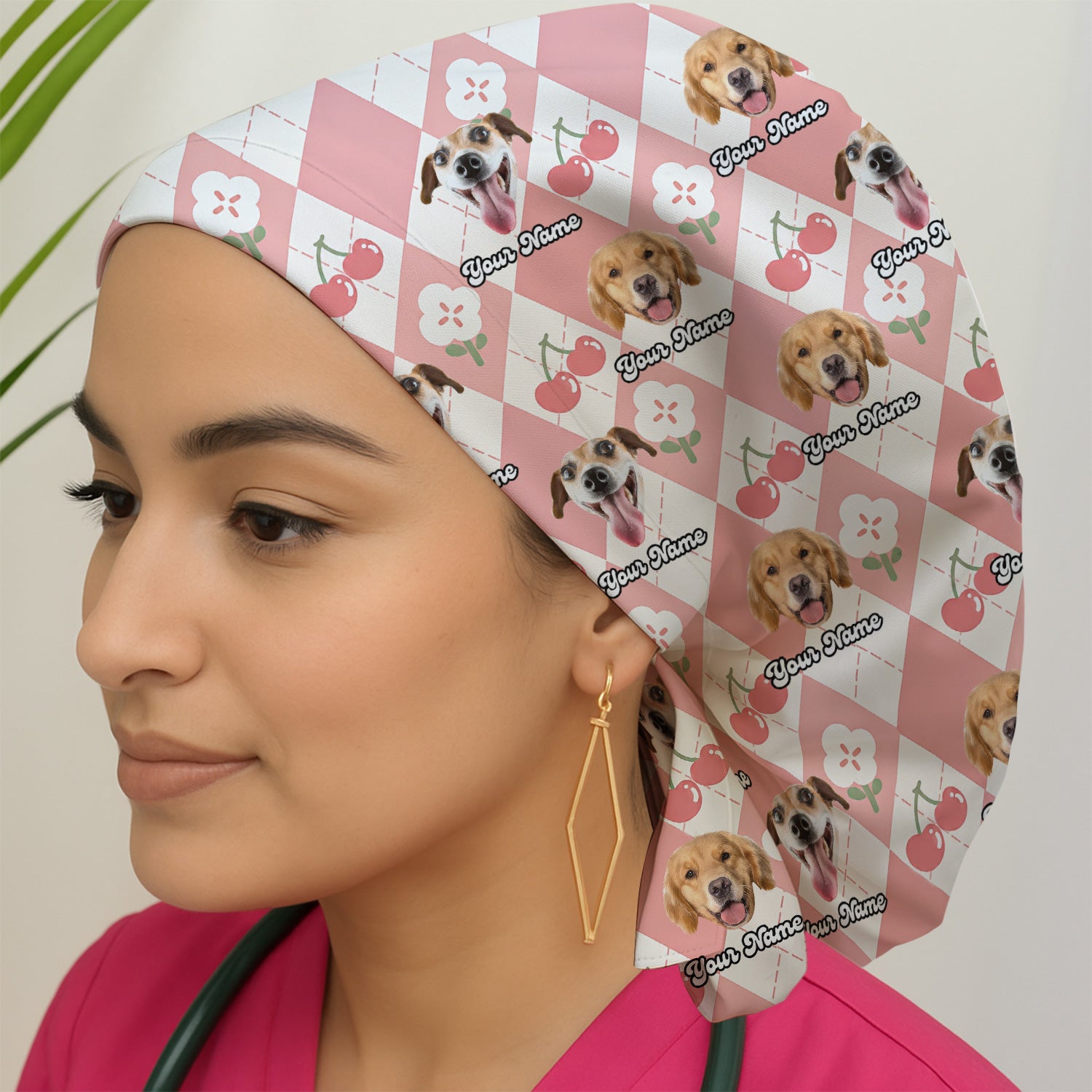 Custom Dog Face Scrub Cap, Playful Dog Cherry Argyle Pattern, Surgical Caps for Doctors