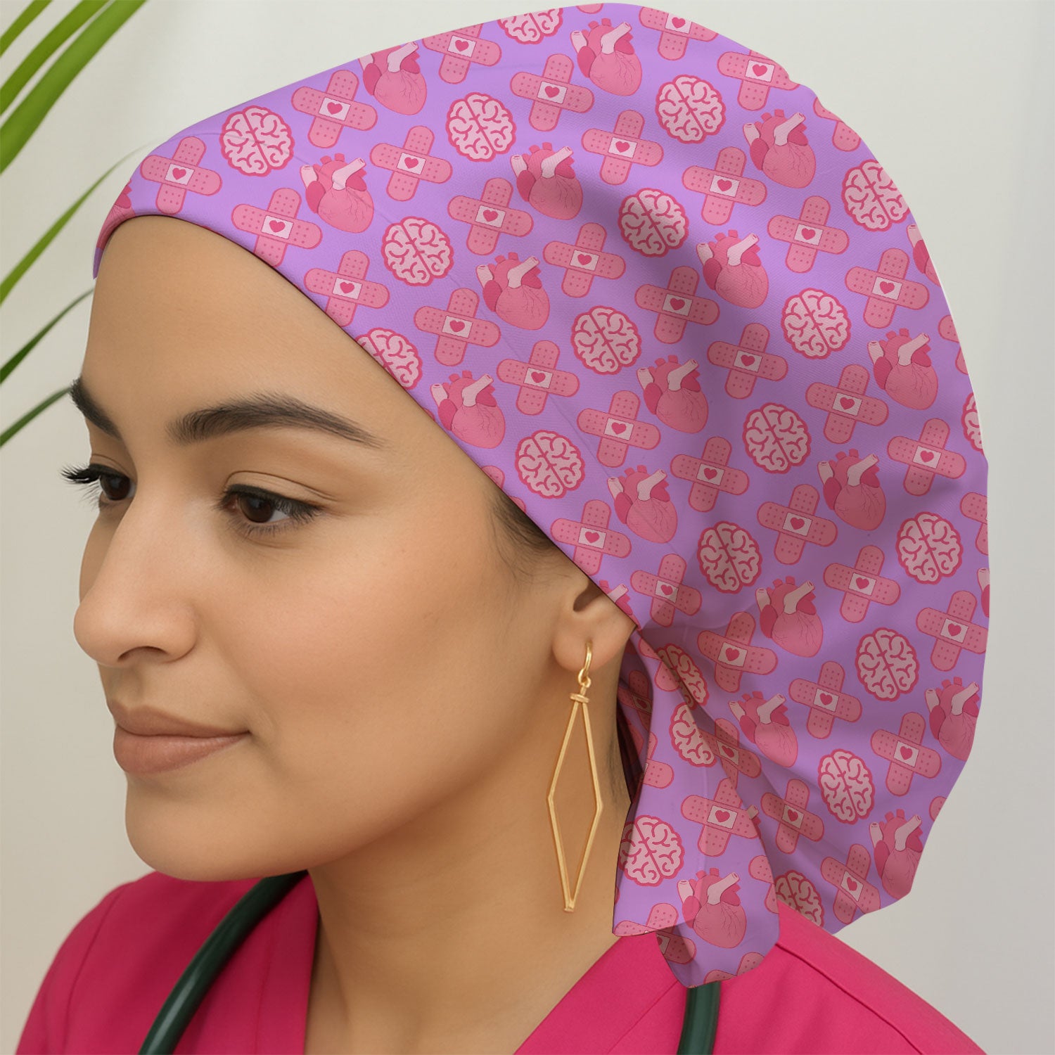 Heart & Brain Medical Icon Pattern Scrub Cap, Bouffant Scrub Caps for Women