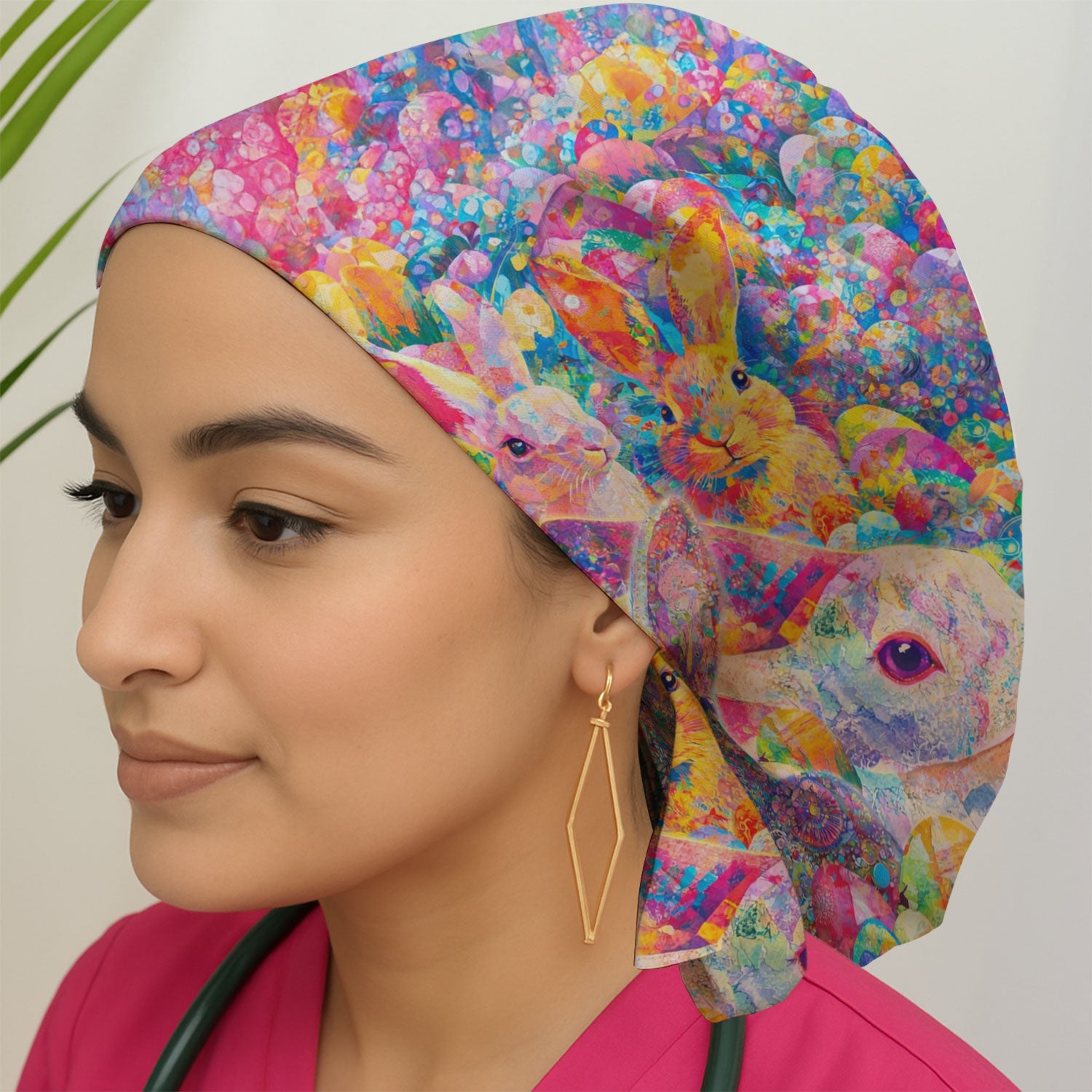 Colorful Artistic Bunny Pattern Scrub Cap, Breathable Fabrics Caps Uniform