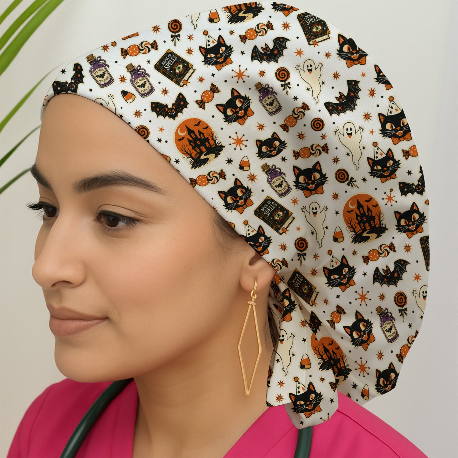 Halloween Black Cat with Ghost Candy Print Scrub Cap, Surgical Caps for Doctors