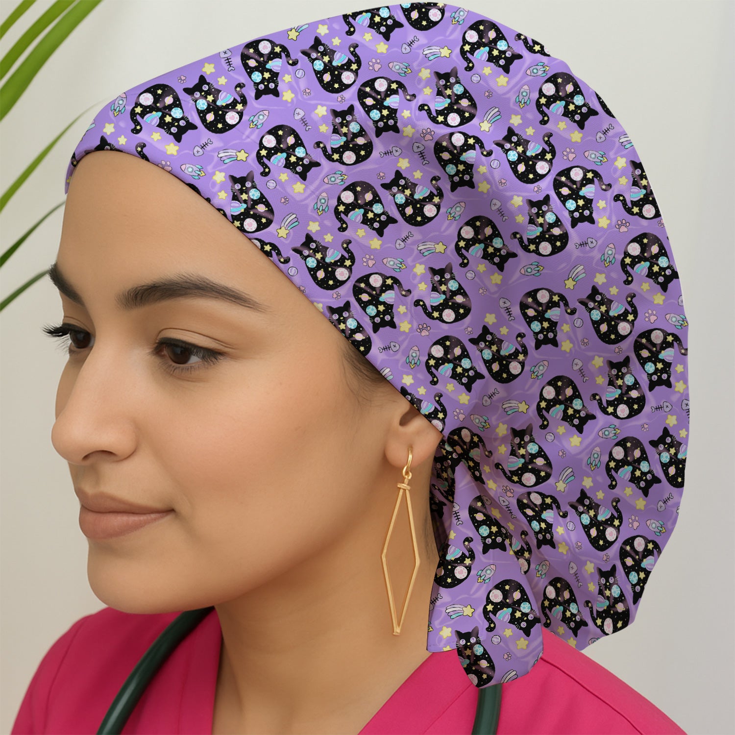 Galaxy Black Cat Space Pattern Scrub Cap, Surgical Caps for Doctors