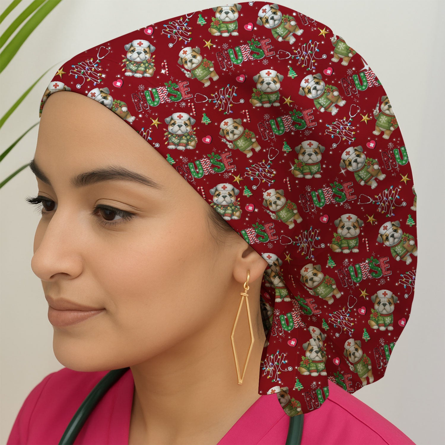 Bulldog Bouffant Scrub Caps for Women - Puppy Lover Gift - Breathable Fabrics Caps Uniform