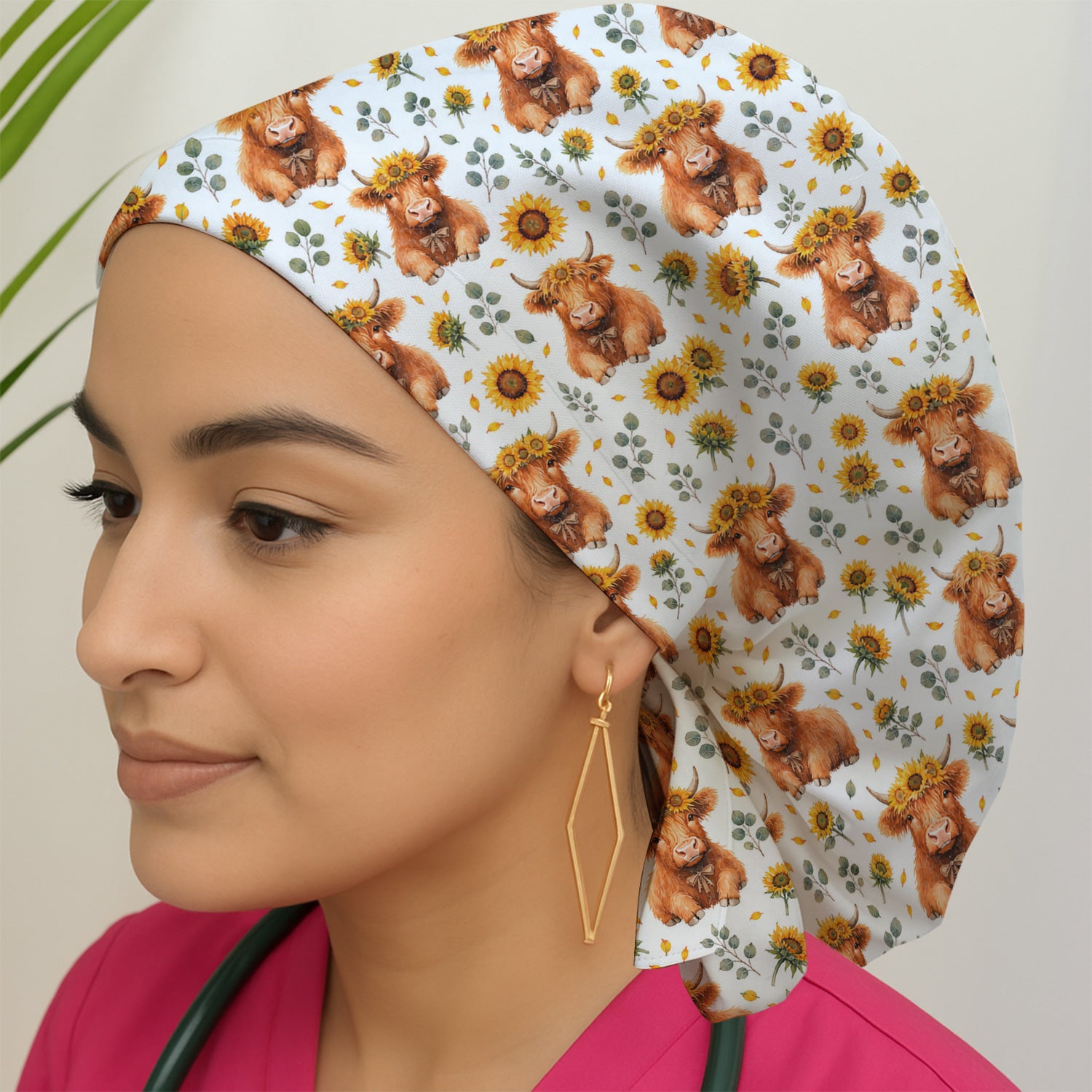 Rustic Highland Cow Floral Pattern Scrub Cap, Surgical Caps for Doctors