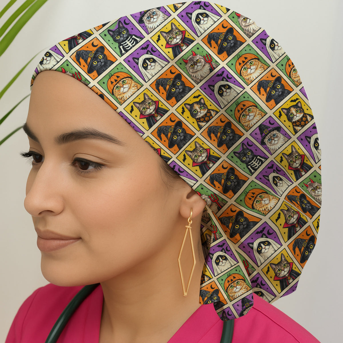 Halloween Cat Costume Patchwork Scrub Cap, Surgical Caps for Nurses