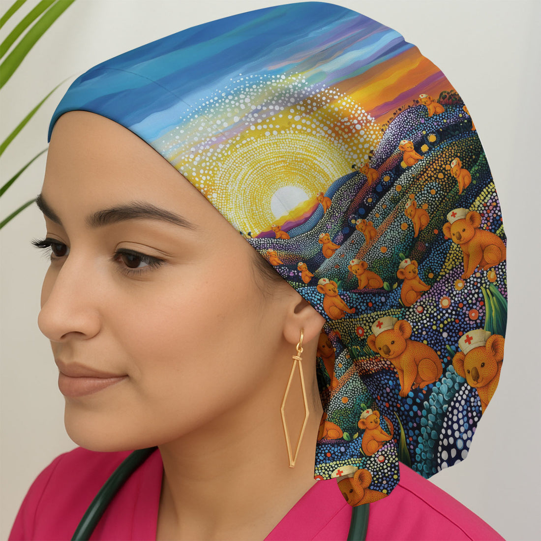 Australian Koala Dot Art Nurse Scrub Caps for Women