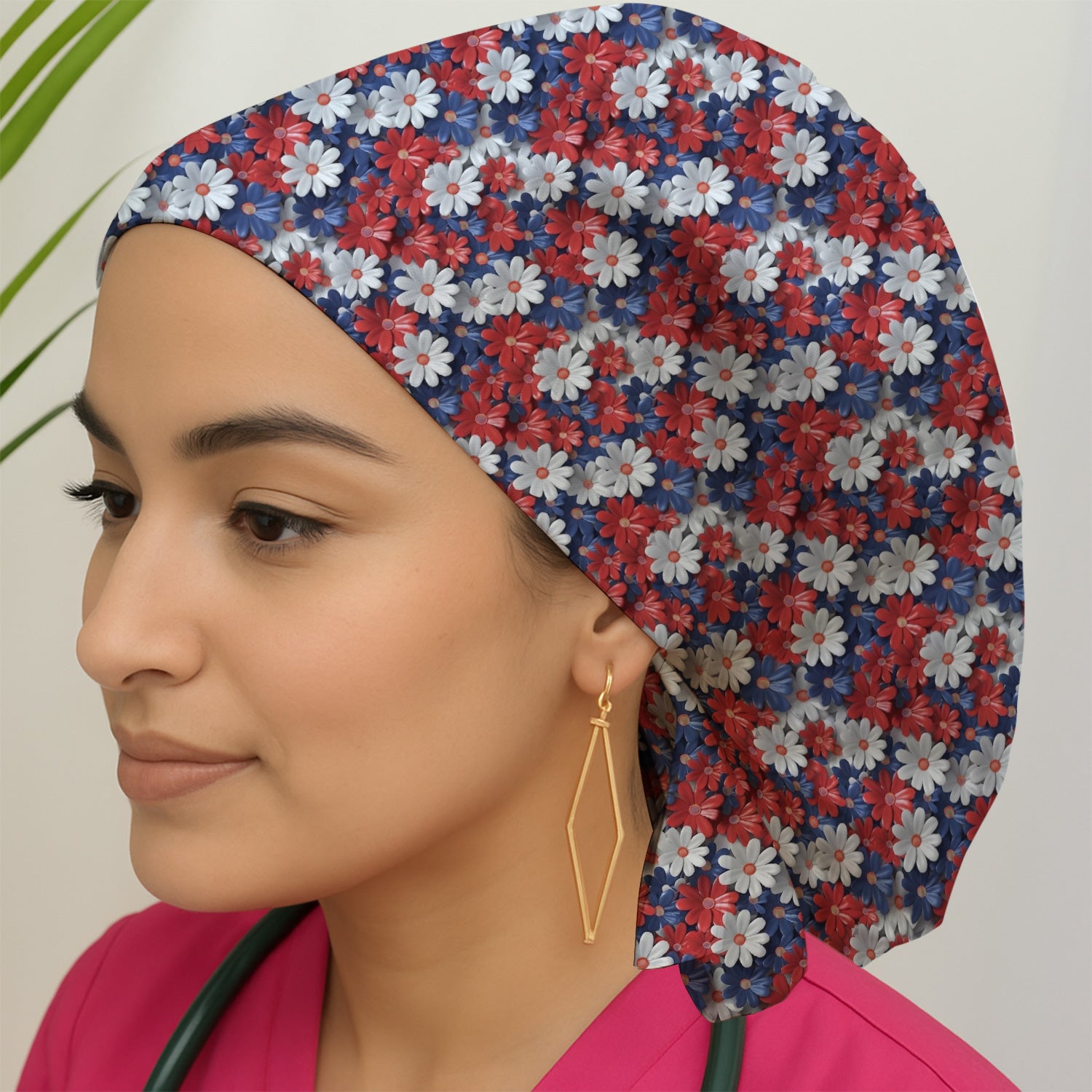 Festive Patriotic Daisy Bloom Pattern Scrub Cap, Surgical Caps for Doctors