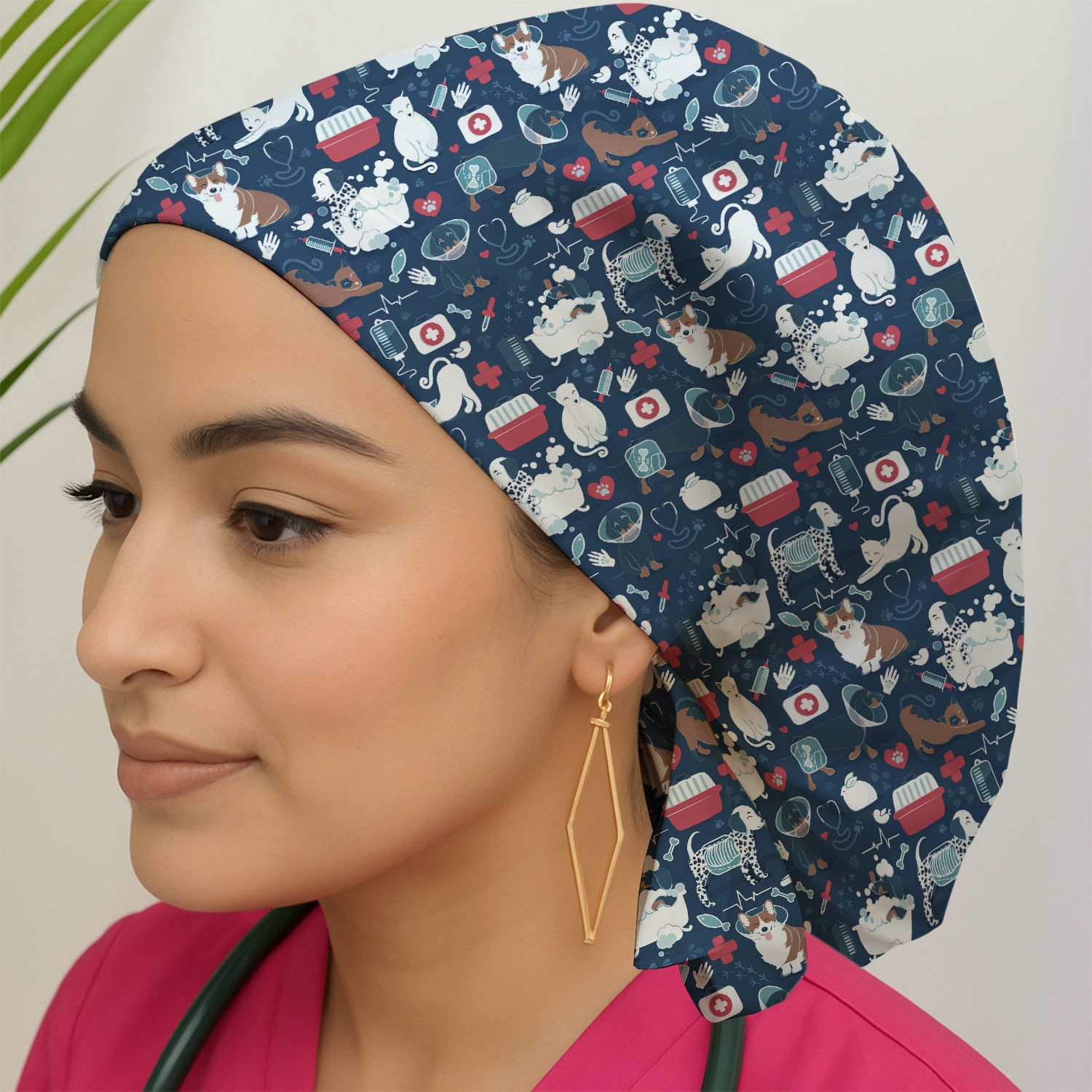 Dogs With Veterinary Tools And Paw Print Scrub Cap, Surgical Caps for Doctors