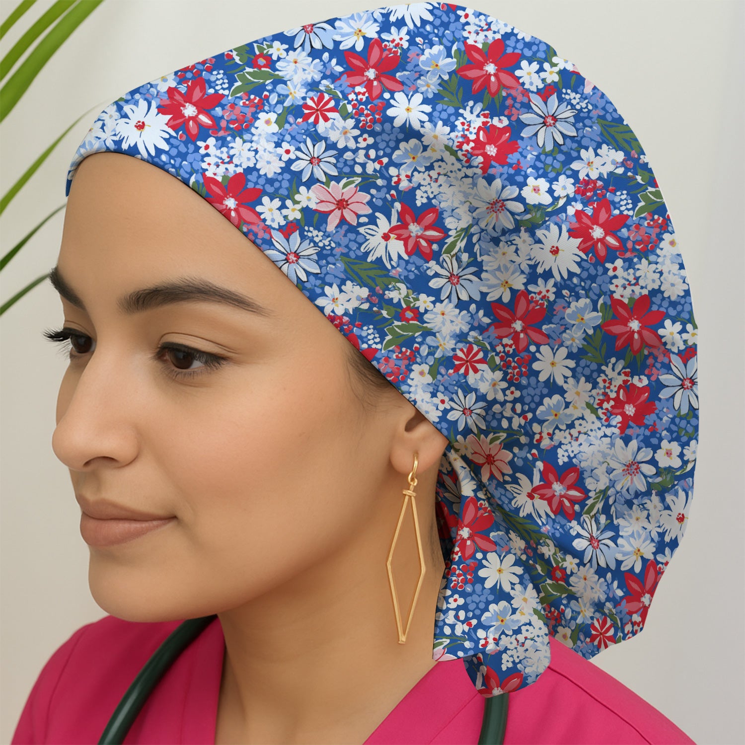 Patriotic Red White Blue Floral Garden Print Scrub Cap, Surgical Caps for Doctors