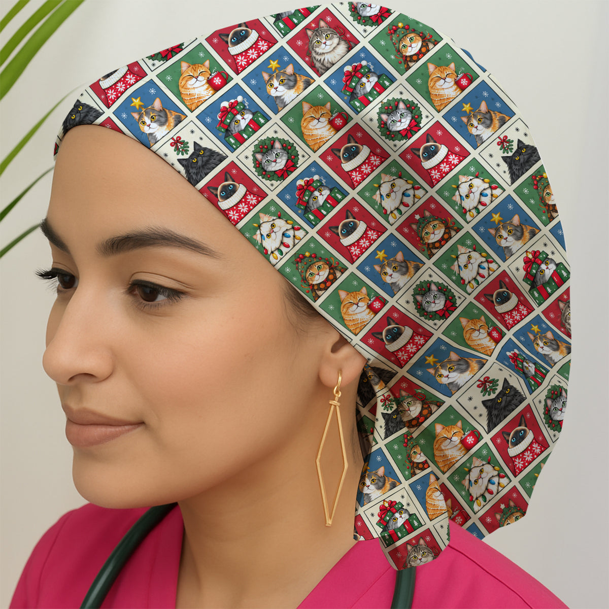Cute Christmas Cat Patchwork Scrub Cap, Surgical Caps for Doctors