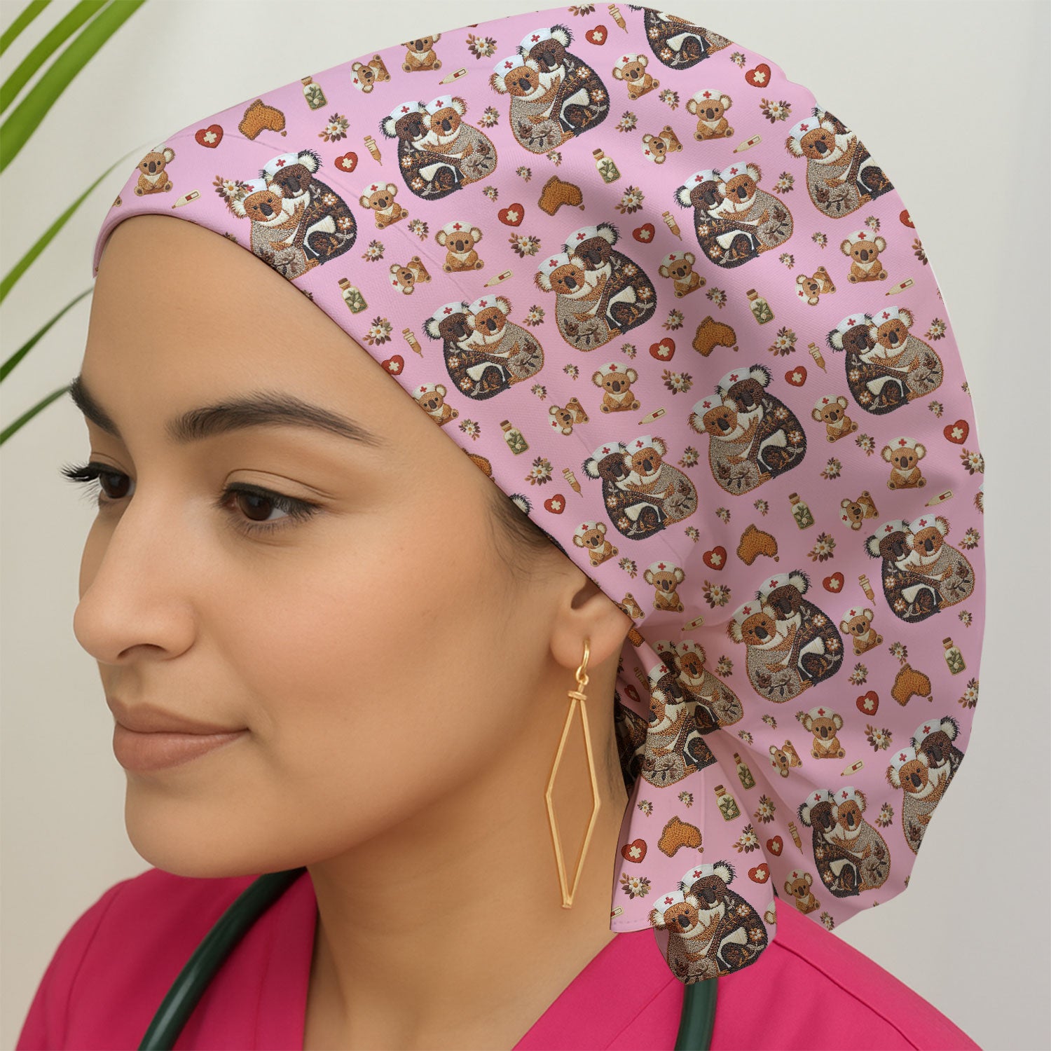 Cute Cartoon Koala Valentine Nurse Design Cap, Bouffant Scrub Caps for Women