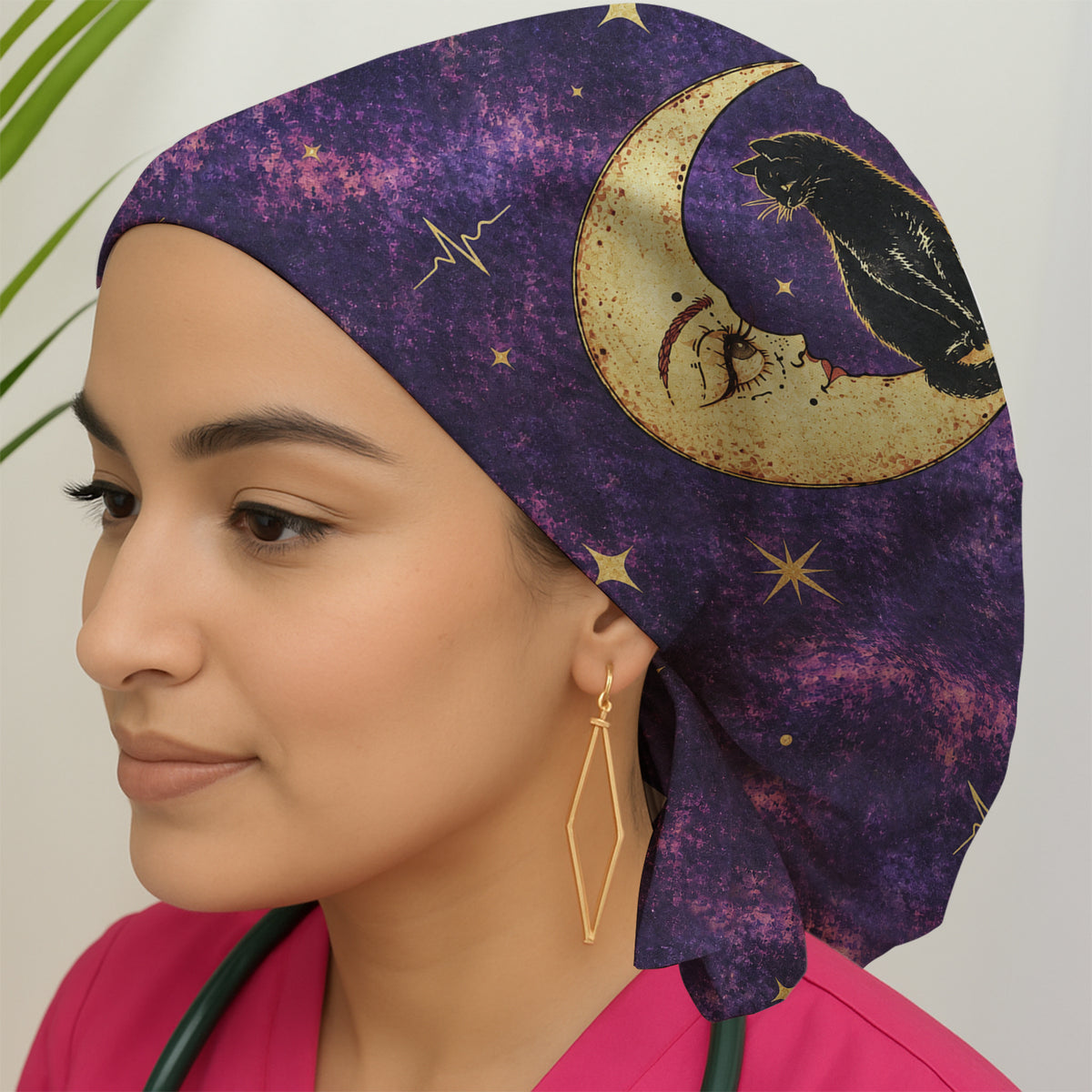 Celestial Nurse Black Cat Crescent Moon Scrub Cap, Surgical Caps for Doctors